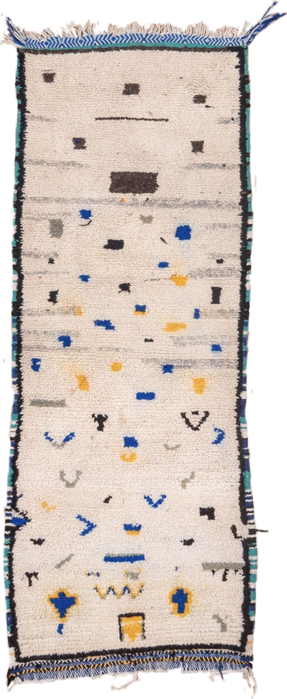 2' x 6' one-of-a-kind handmade vintage Moroccan runner rug. Color palette: antiquewhite, black, blue, brown, charcoal, gray