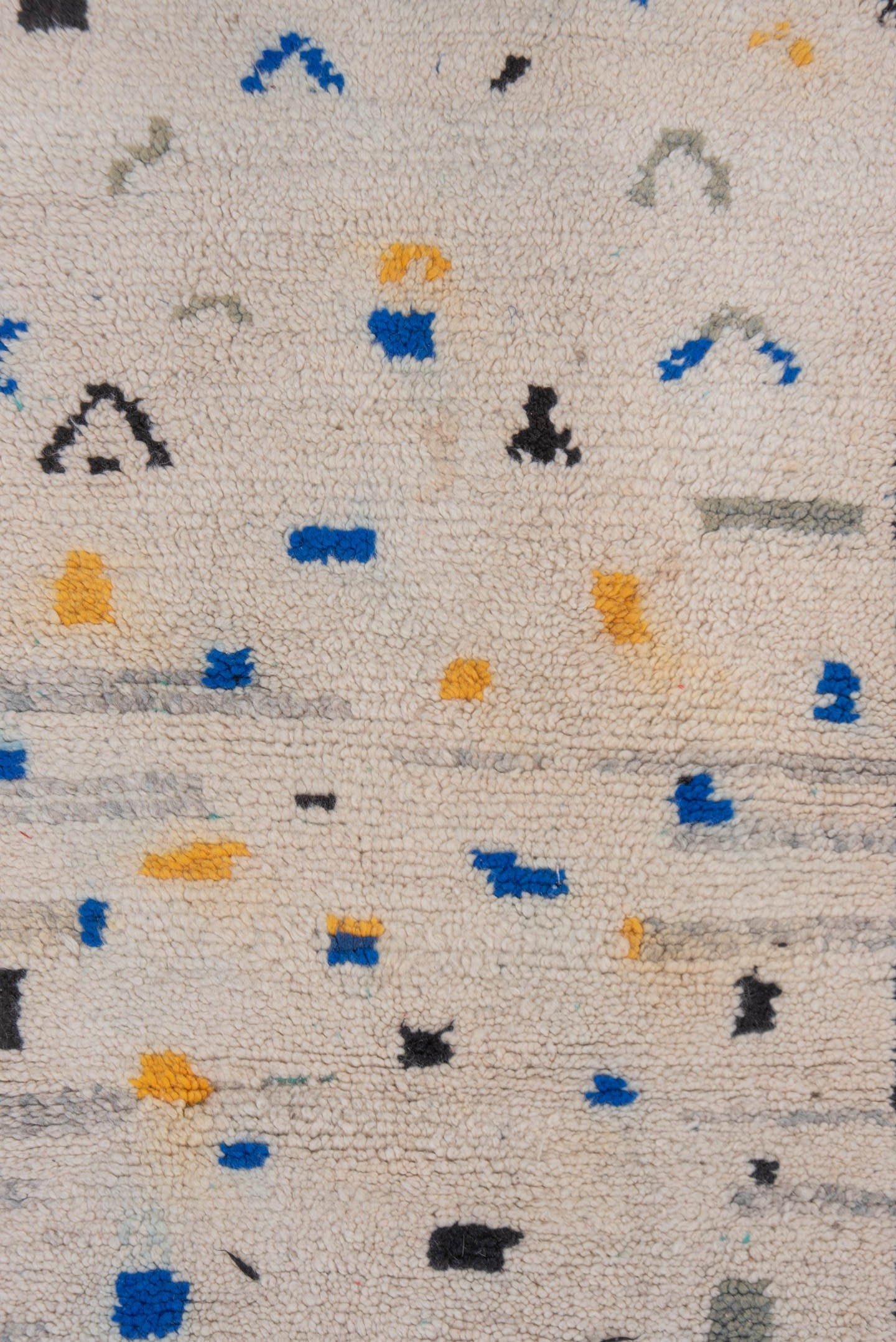 2' x 6' one-of-a-kind handmade vintage Moroccan runner rug. Color palette: ivory, charcoal, cobalt, gray, saffron, teal
