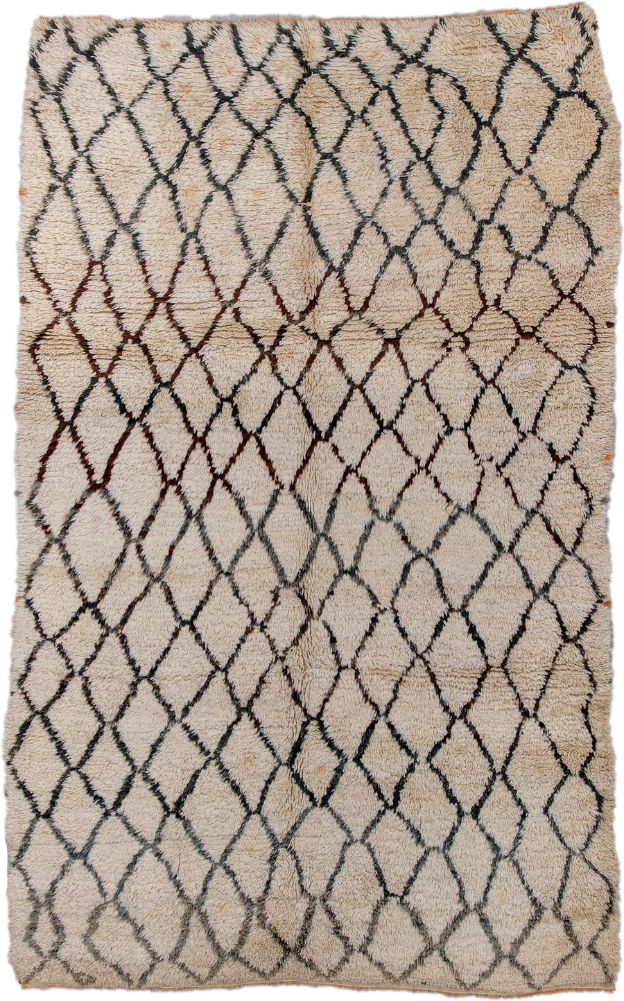 6' x 9' one-of-a-kind handmade vintage Moroccan medium size rug. Color palette: ivory, charcoal, rust, taupe, gray, black