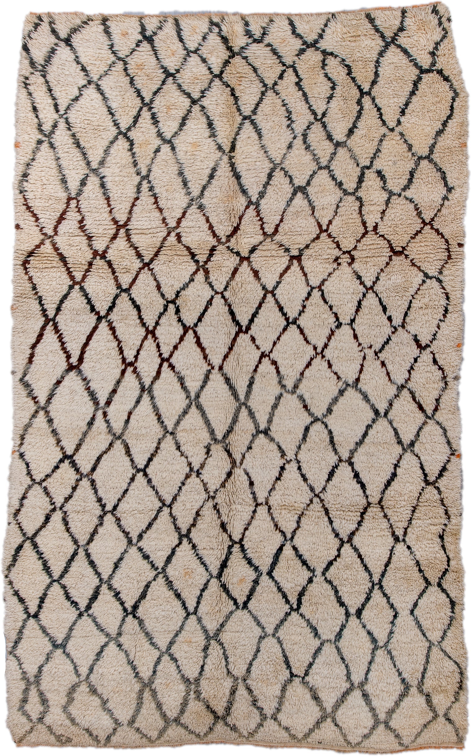 6' x 9' one-of-a-kind handmade vintage Moroccan medium size rug. Color palette: ivory, charcoal, rust, taupe, gray, black