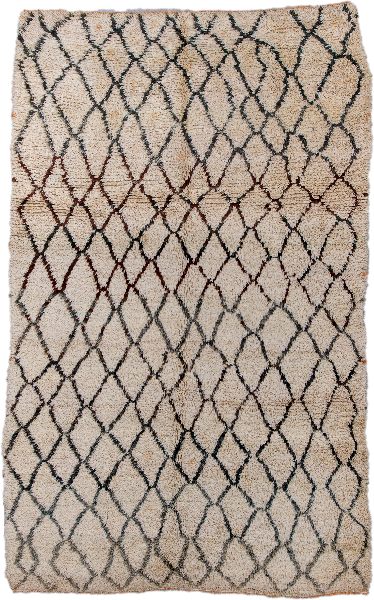 6' x 9' one-of-a-kind handmade vintage Moroccan medium size rug. Color palette: ivory, charcoal, rust, taupe, gray, black