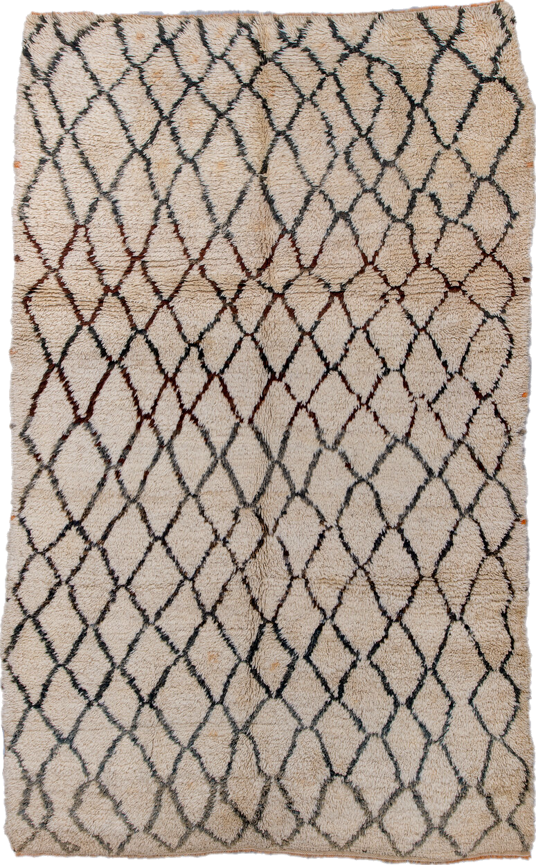 6' x 9' one-of-a-kind handmade vintage Moroccan medium size rug. Color palette: black, brown, charcoal, gray, light gray