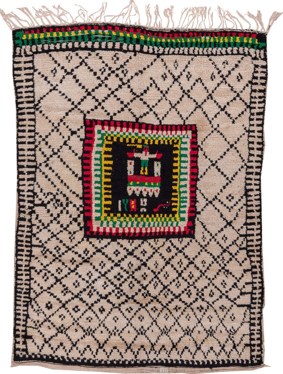 5' x 7' one-of-a-kind handmade vintage Moroccan rug. Color palette: black, brown, goldenrod, gray, light gray, off-white