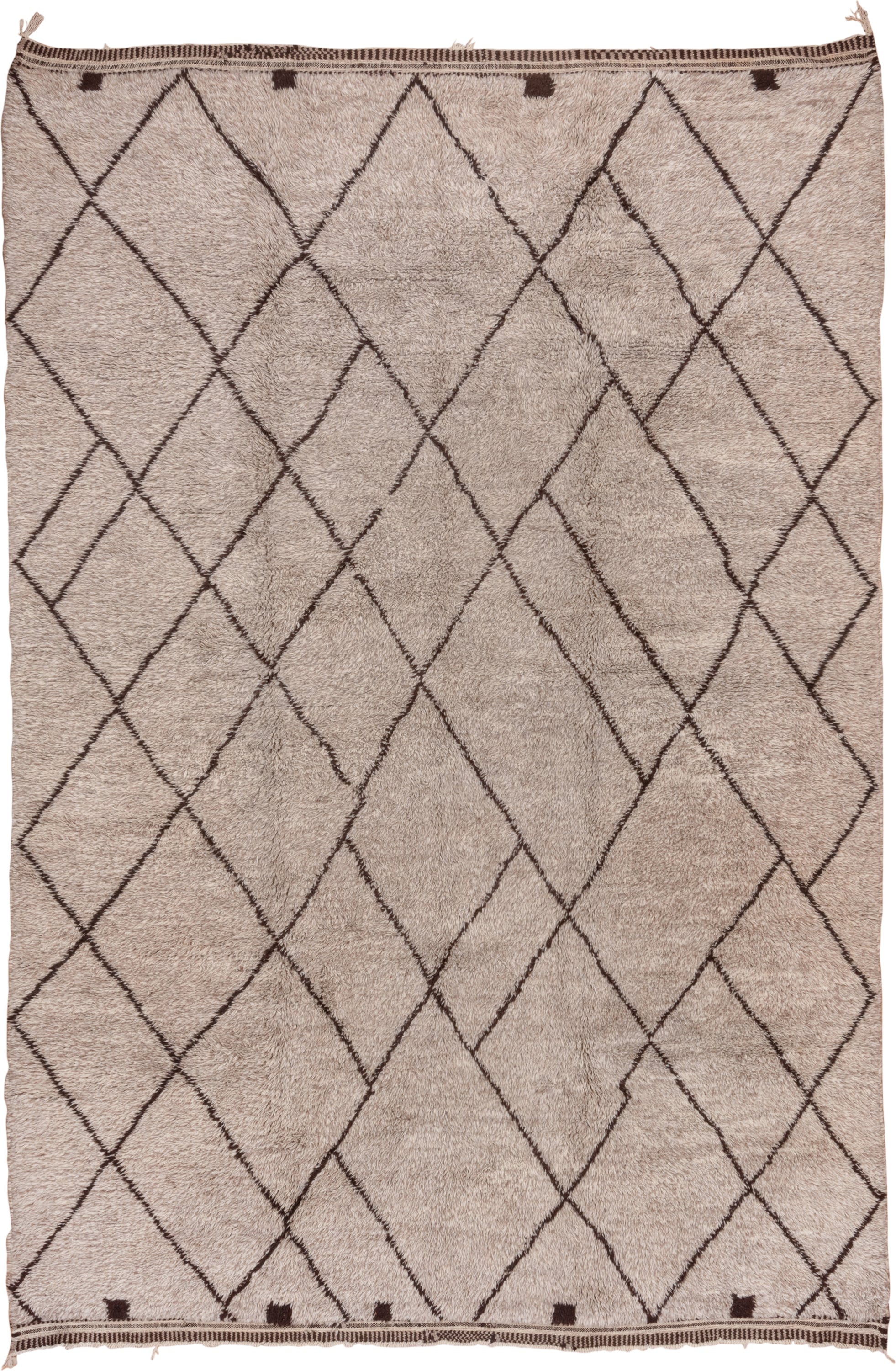 8' x 12' one-of-a-kind handmade vintage Moroccan large size rug. Color palette: ivory, taupe, brown, charcoal, beige, gray