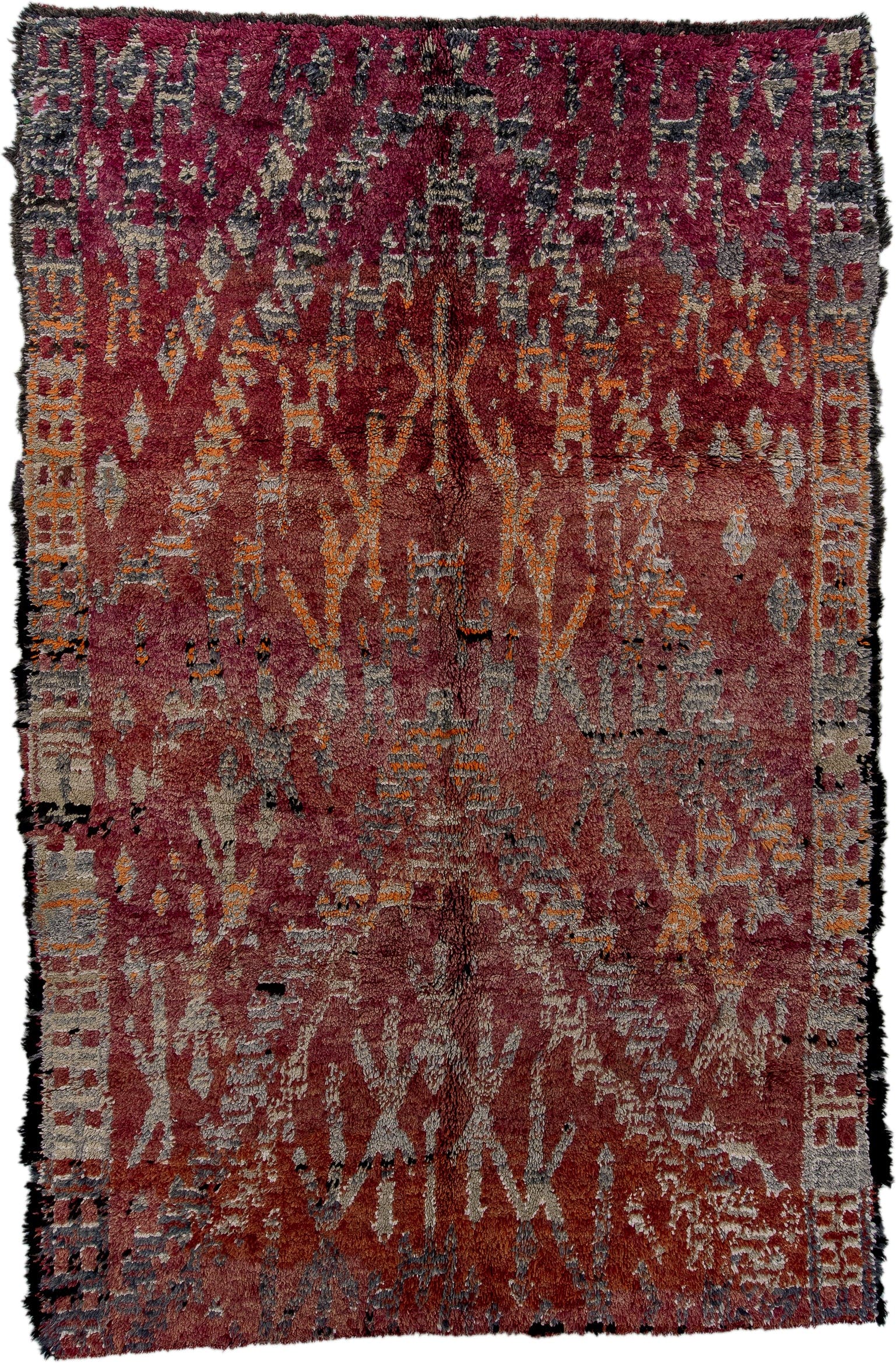 6' x 9' one-of-a-kind handmade vintage Moroccan medium size rug. Color palette: rose, burgundy, charcoal, ivory, rust