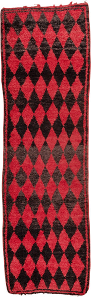 3' x 11' one-of-a-kind handmade vintage Moroccan runner rug. Color palette: crimson, charcoal, rose, red, gray, black, pink