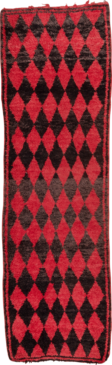 3' x 11' one-of-a-kind handmade vintage Moroccan runner rug. Color palette: brown, indian red, pink, red, redwood