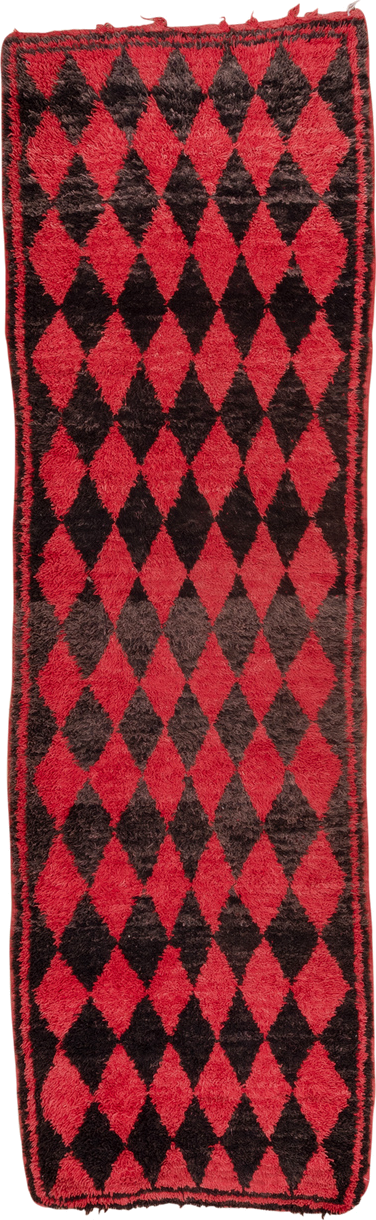 3' x 11' one-of-a-kind handmade vintage Moroccan runner rug. Color palette: crimson, charcoal, rose, red, gray, black, pink