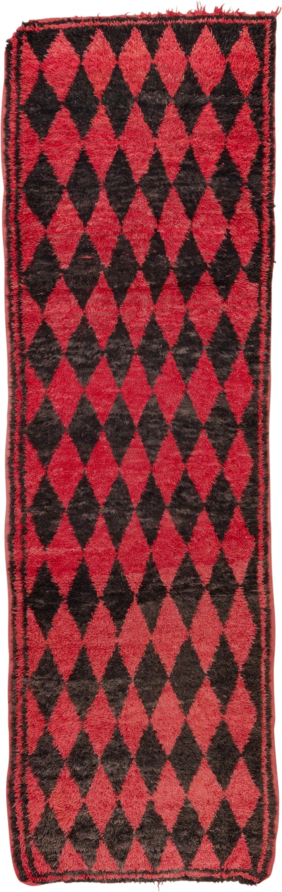 3' x 11' one-of-a-kind handmade vintage Moroccan runner rug. Color palette: crimson, charcoal, rose, red, gray, black, pink