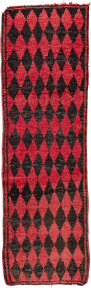 3' x 11' one-of-a-kind handmade vintage Moroccan runner rug. Color palette: crimson, charcoal, rose, red, gray, black, pink
