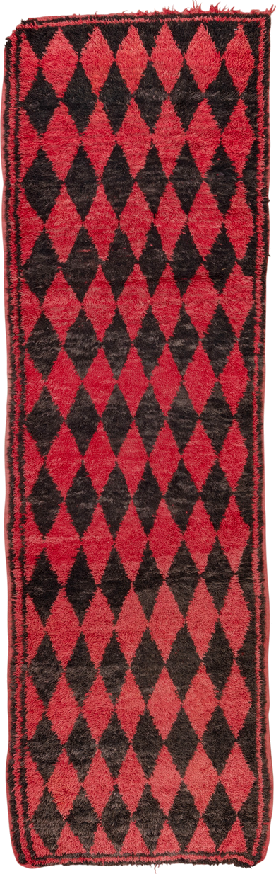 3' x 11' one-of-a-kind handmade vintage Moroccan runner rug. Color palette: crimson, charcoal, rose, red, gray, black, pink