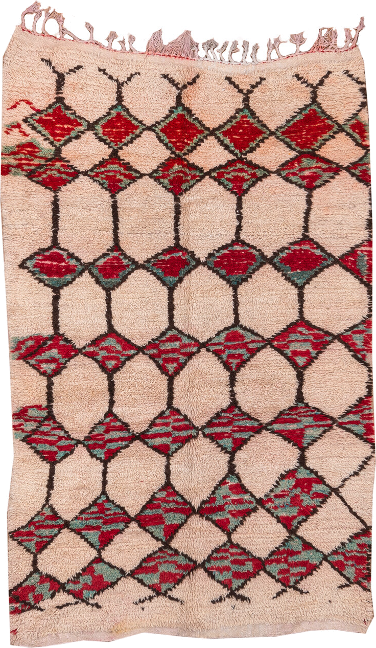 5' x 8' one-of-a-kind handmade vintage Moroccan medium size rug. Color palette: ivory, crimson, charcoal, sage, blush, red