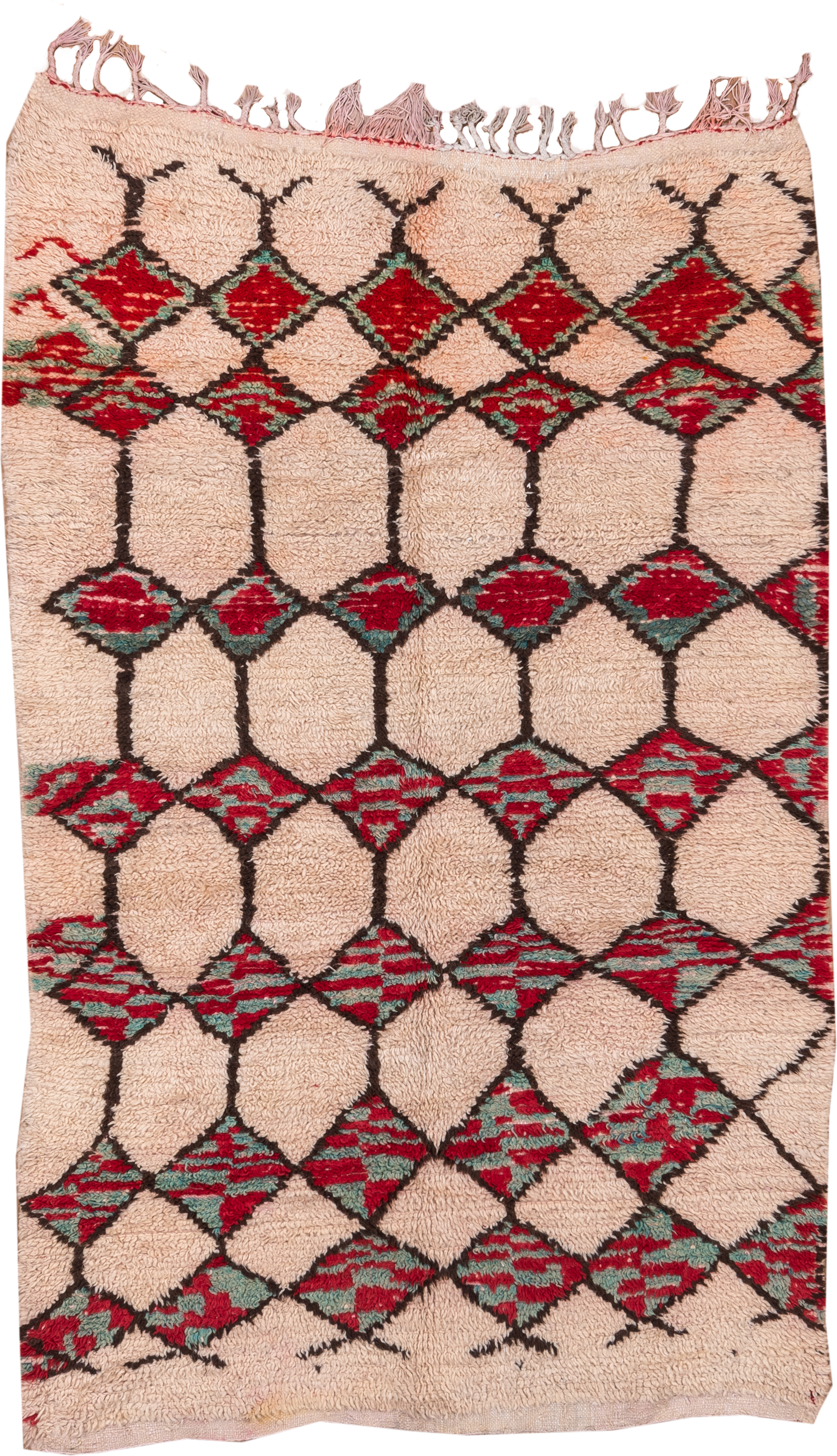 5' x 8' one-of-a-kind handmade vintage Moroccan medium size rug. Color palette: ivory, crimson, charcoal, sage, blush, red