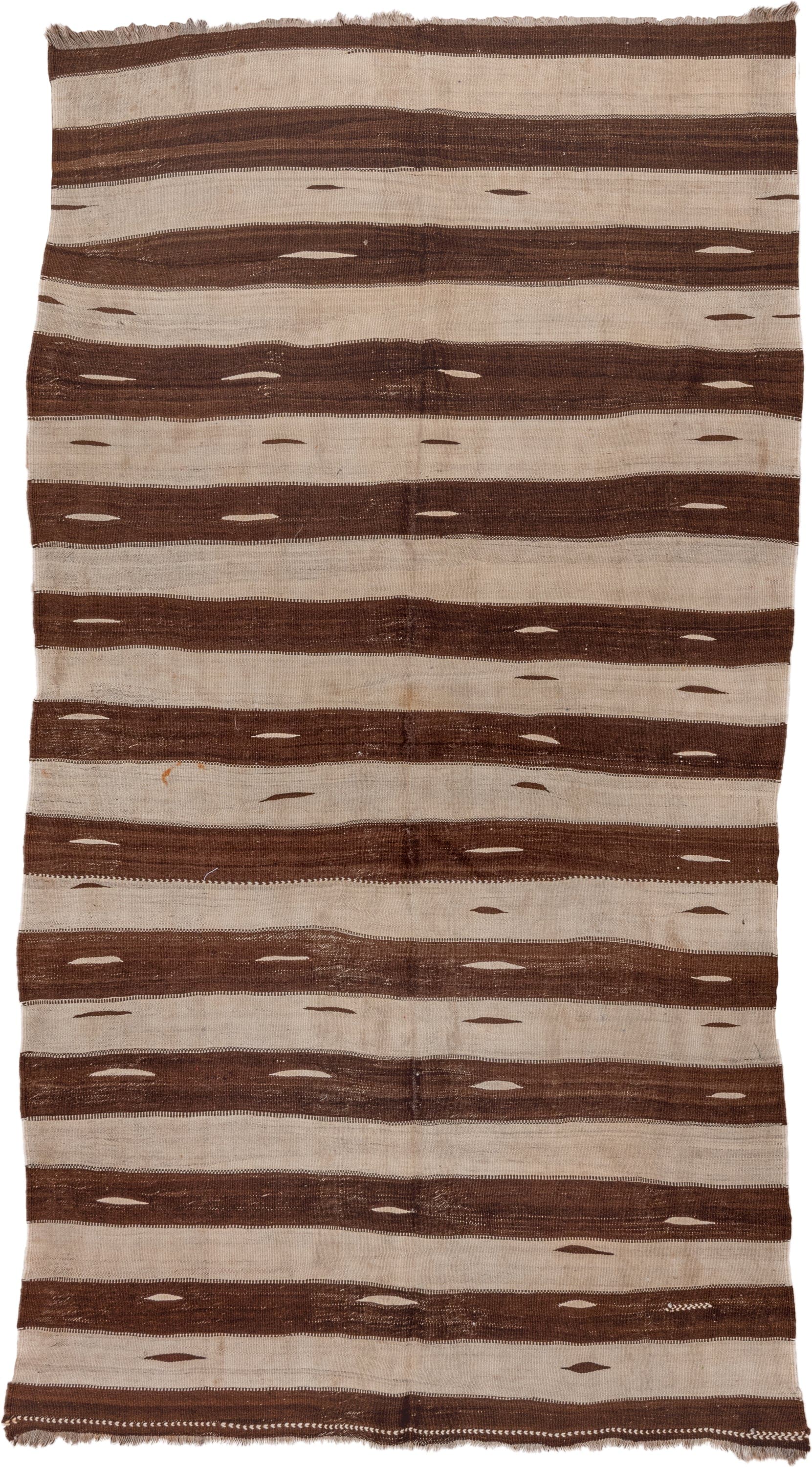 4' x 7' one-of-a-kind handmade vintage Blanket rug. Color palette: ivory, brown, taupe, beige, gray