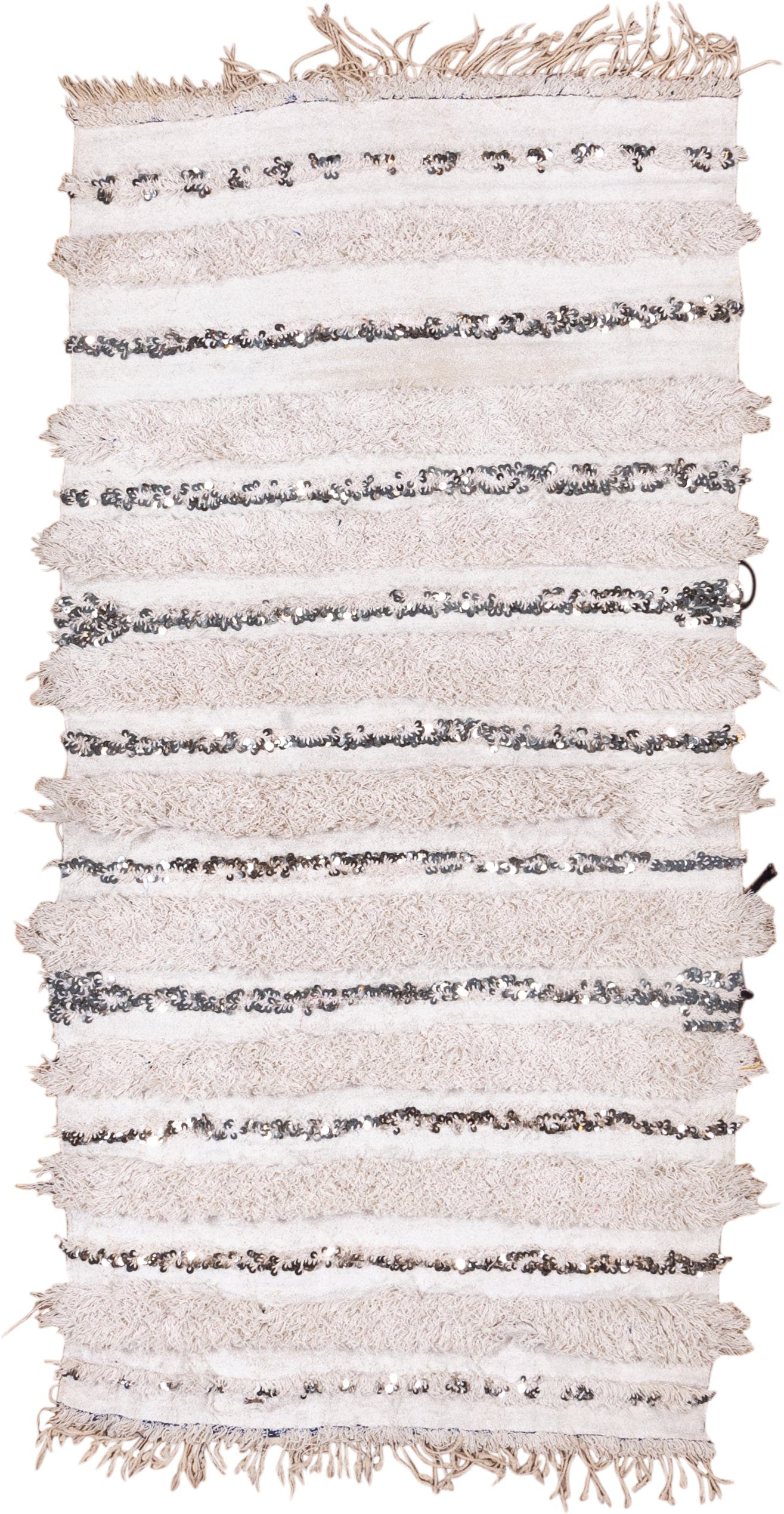 4' x 6' one-of-a-kind handmade vintage Wedding Blanket small size rug. Color palette: ivory, cream, silver, taupe, charcoal