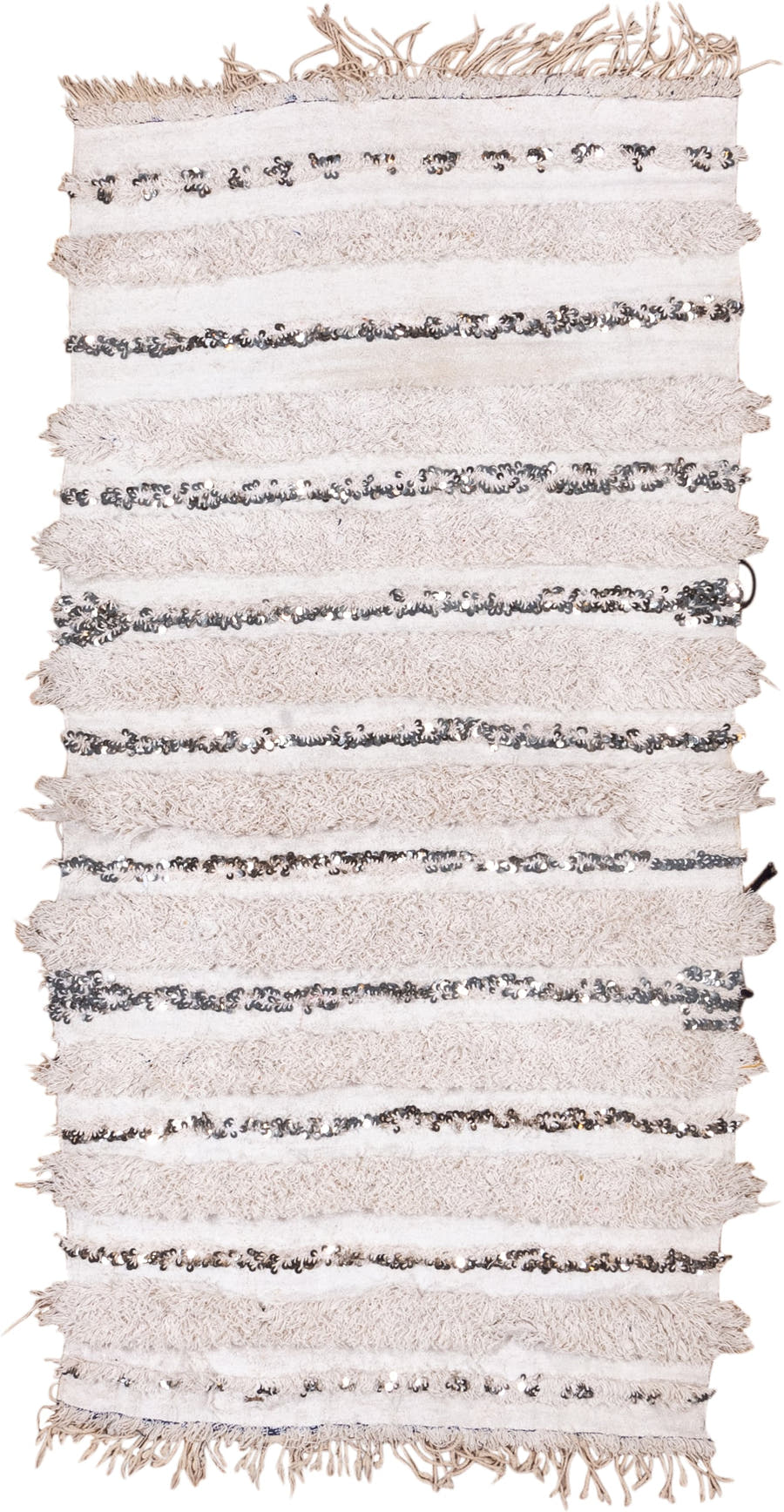 4' x 6' one-of-a-kind handmade vintage Wedding Blanket small size rug. Color palette: ivory, cream, silver, taupe, charcoal