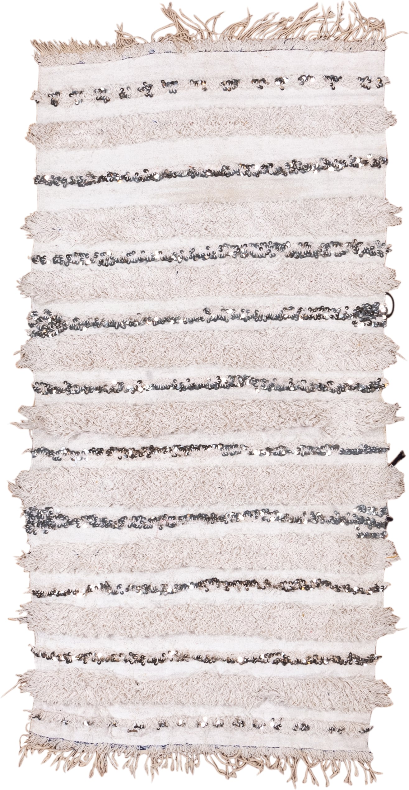 4' x 6' one-of-a-kind handmade vintage Wedding Blanket small size rug. Color palette: ivory, cream, silver, taupe, charcoal