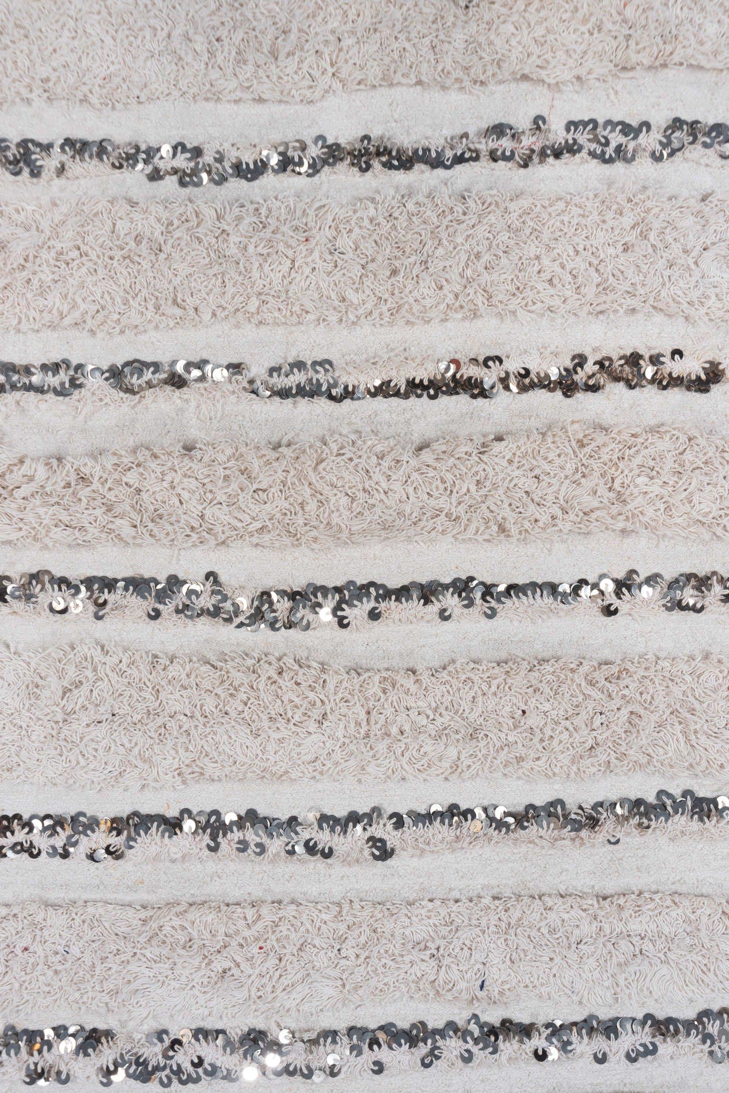 4' x 6' one-of-a-kind handmade vintage Wedding Blanket small size rug. Color palette: ivory, cream, silver, taupe, charcoal