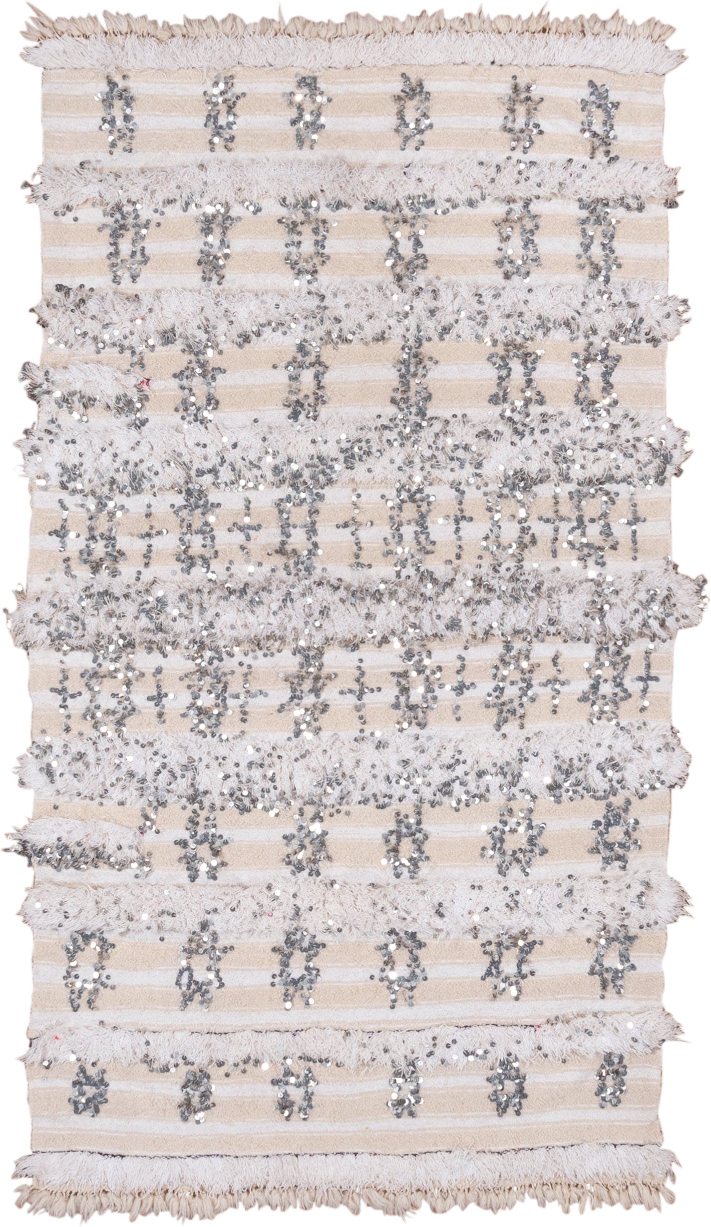 4' x 6' one-of-a-kind handmade vintage Wedding Blanket small size rug. Color palette: ivory, cream, silver, beige, gray