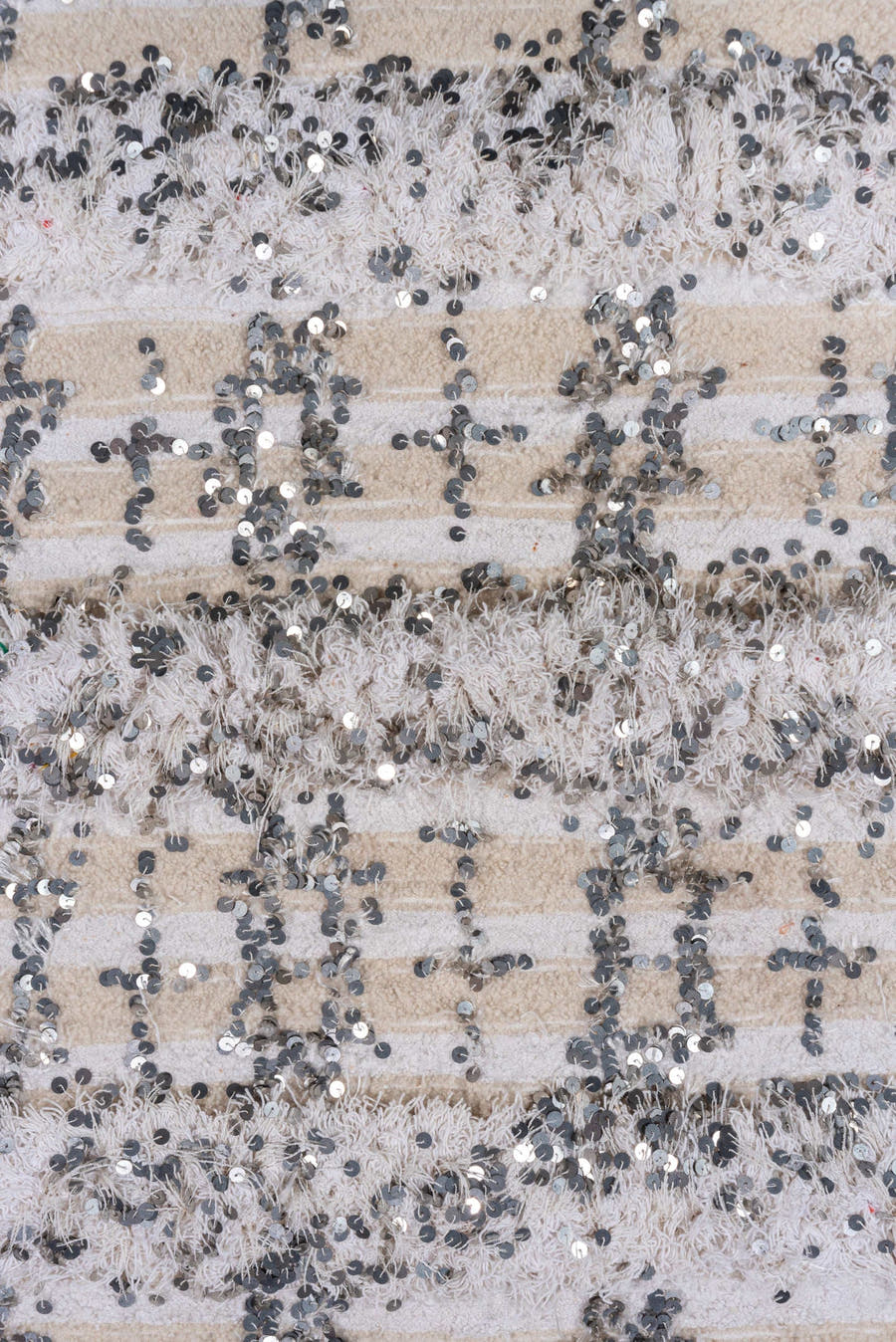 4' x 6' one-of-a-kind handmade vintage Wedding Blanket small size rug. Color palette: ivory, cream, silver, beige, gray