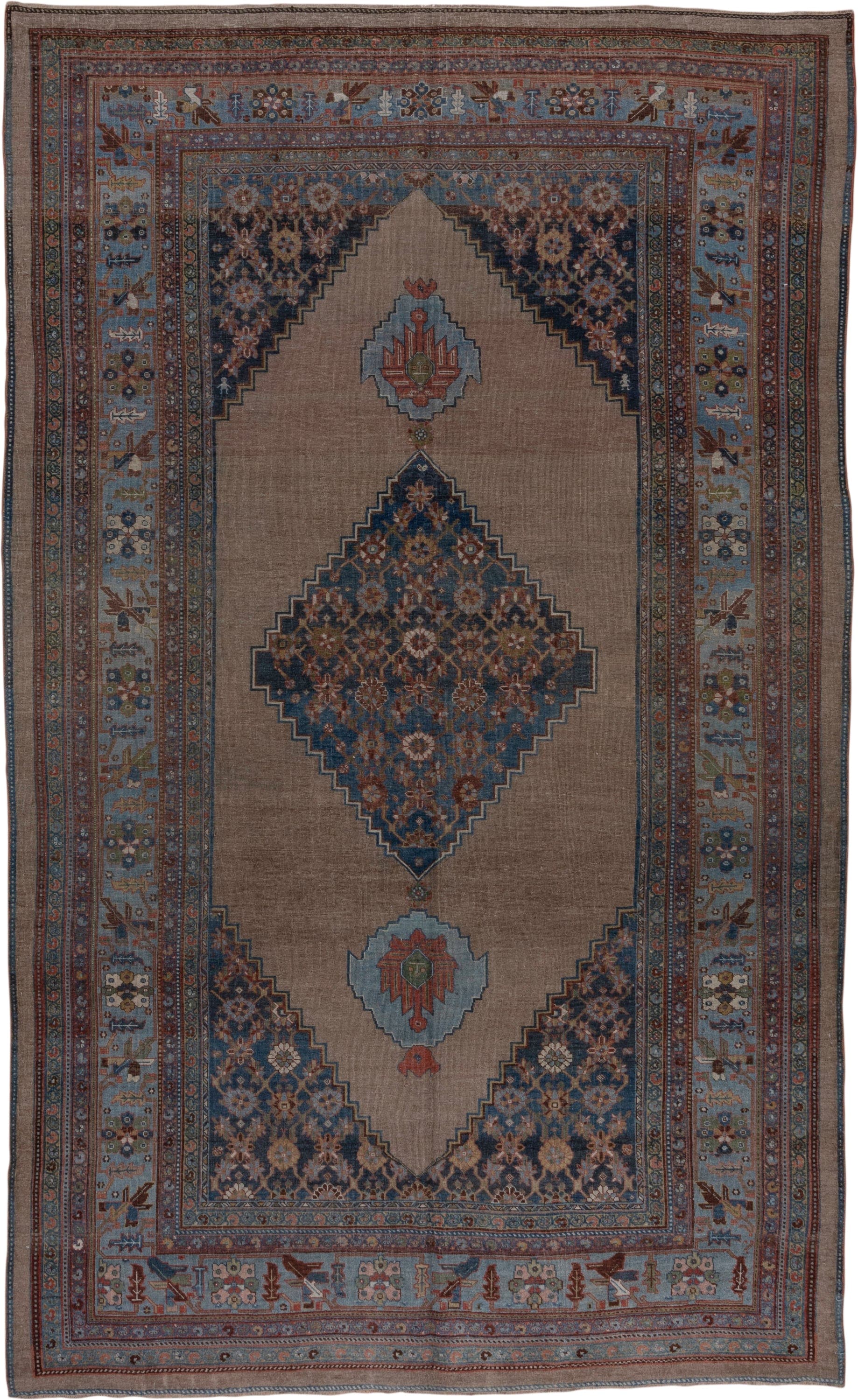 7' x 12' one-of-a-kind handmade antique Bidjar large size rug. Color palette: taupe, sky blue, indigo, rust, ivory, slate