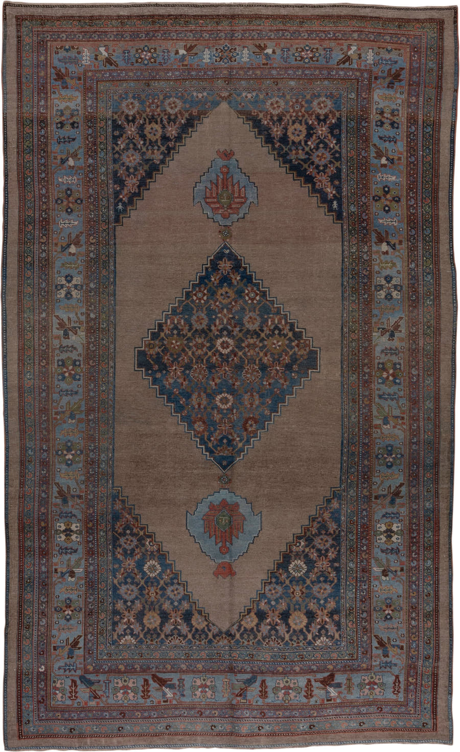 7' x 12' one-of-a-kind handmade antique Bidjar large size rug. Color palette: taupe, sky blue, indigo, rust, ivory, slate