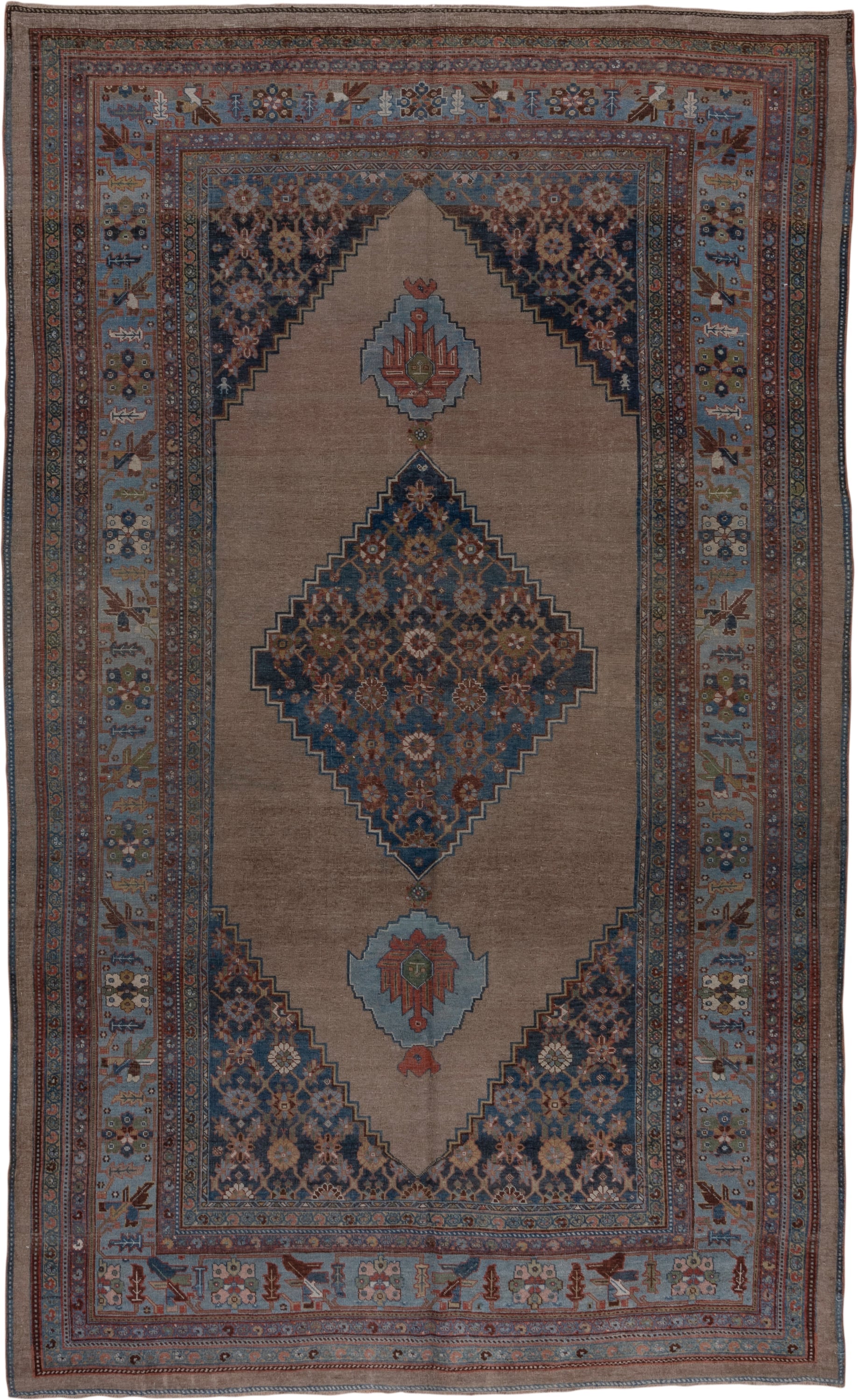 7' x 12' one-of-a-kind handmade antique Bidjar large size rug. Color palette: taupe, sky blue, indigo, rust, ivory, slate