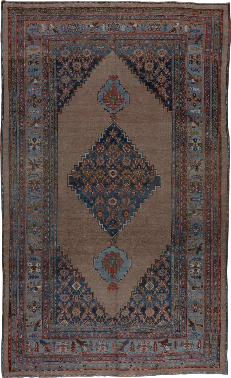 7' x 12' one-of-a-kind handmade vintage Bidjar large size rug. Color palette: black, blue, brown, charcoal, dim gray, gray