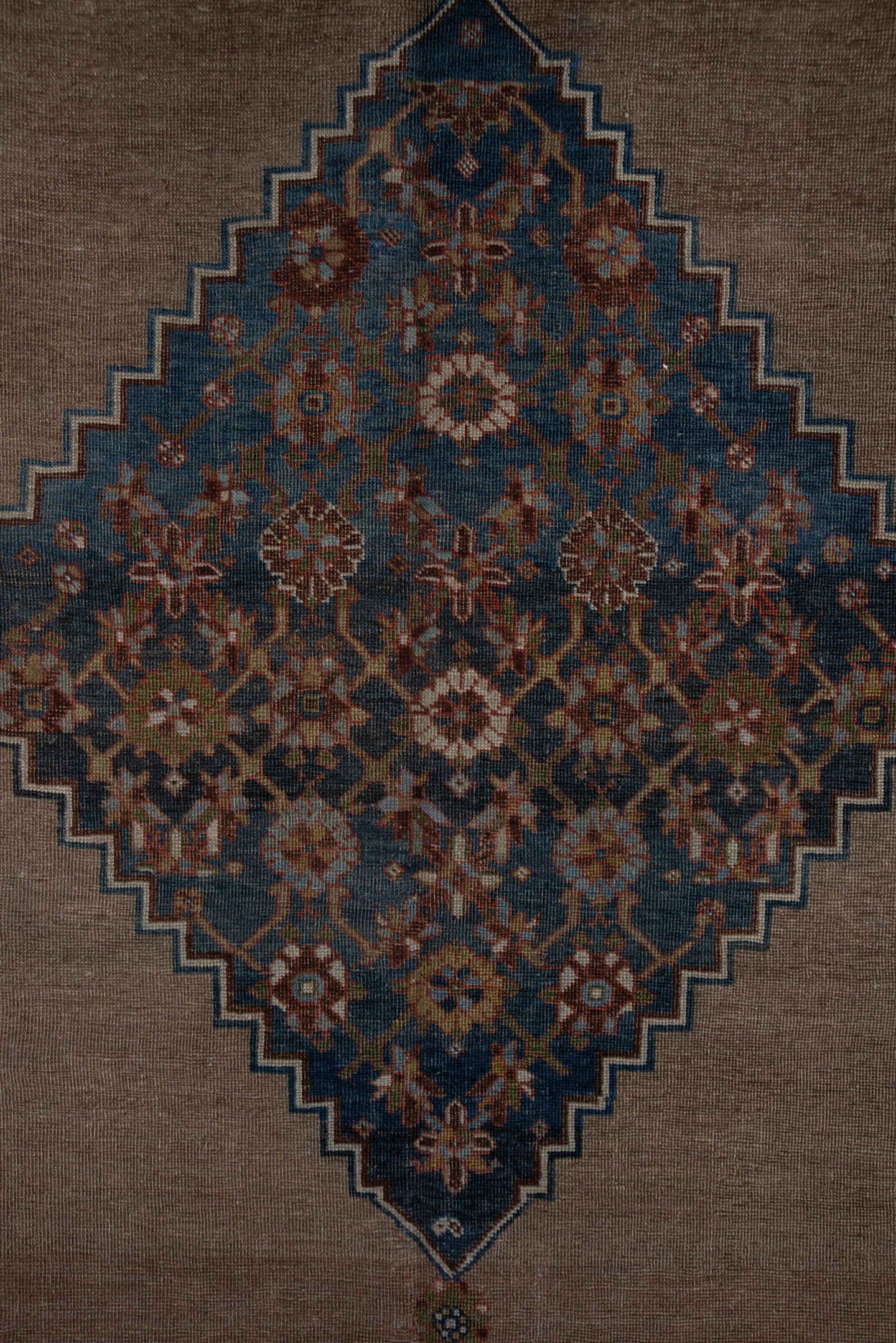 7' x 12' one-of-a-kind handmade antique Bidjar large size rug. Color palette: taupe, sky blue, indigo, rust, ivory, slate