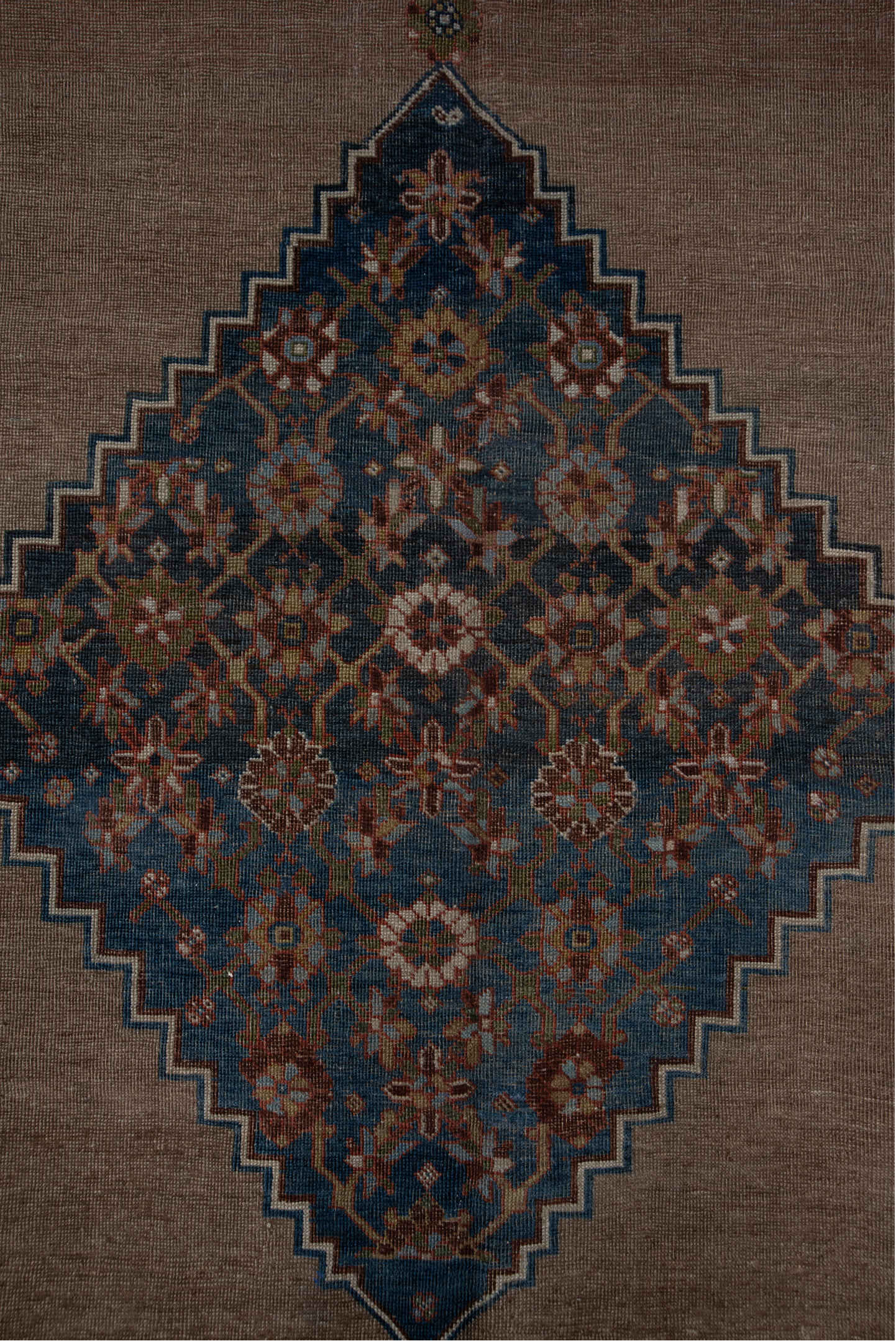 7' x 12' one-of-a-kind handmade vintage Bidjar large size rug. Color palette: black, blue, brown, charcoal, dim gray, gray