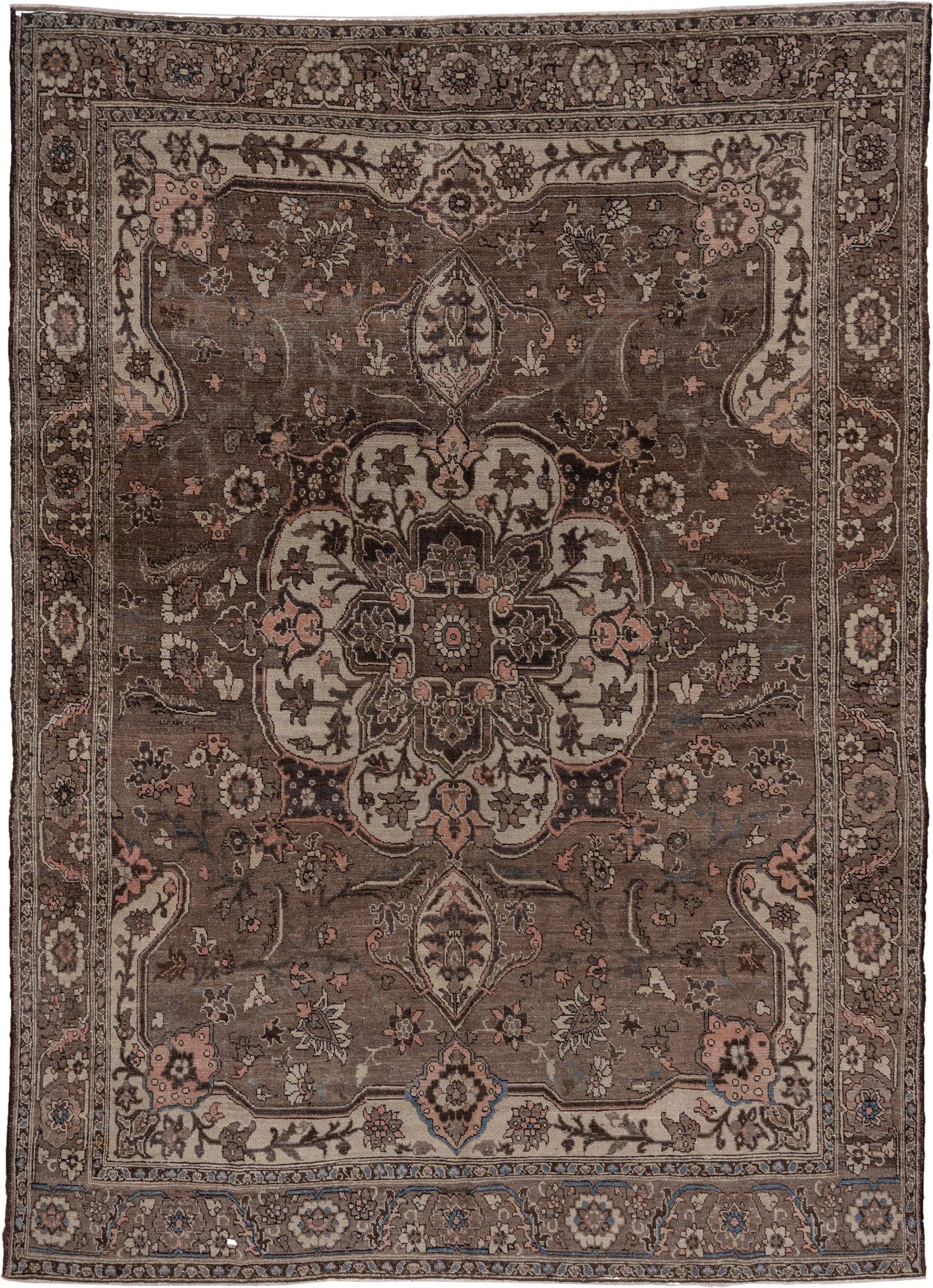 9' x 12' one-of-a-kind handmade antique Heriz large size rug. Color palette: taupe, brown, ivory, charcoal, rose, slate