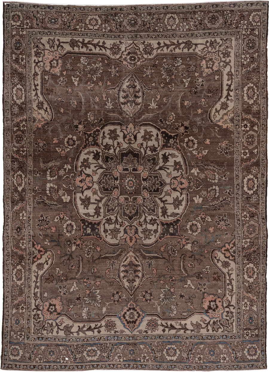 9' x 12' one-of-a-kind handmade antique Heriz large size rug. Color palette: taupe, brown, ivory, charcoal, rose, slate
