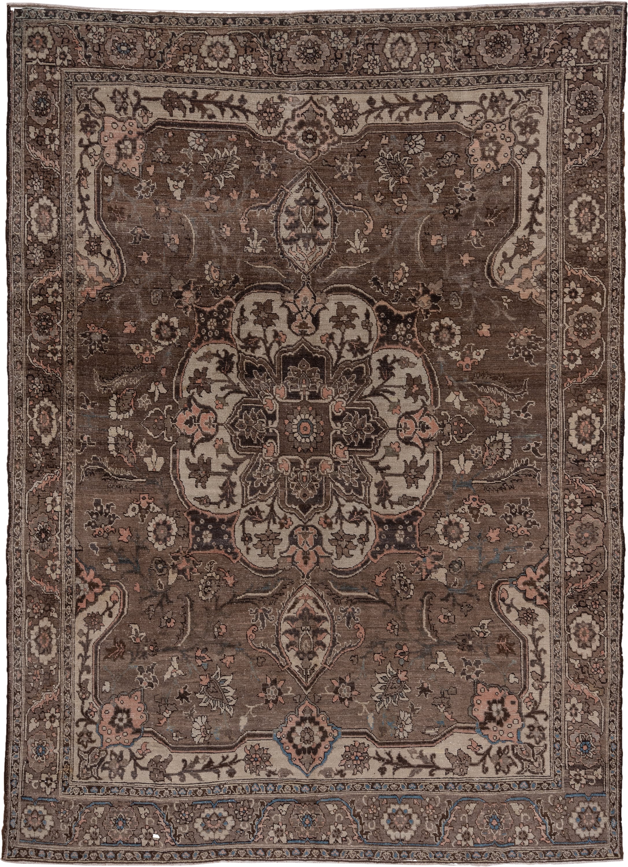 9' x 12' one-of-a-kind handmade antique Heriz large size rug. Color palette: taupe, brown, ivory, charcoal, rose, slate