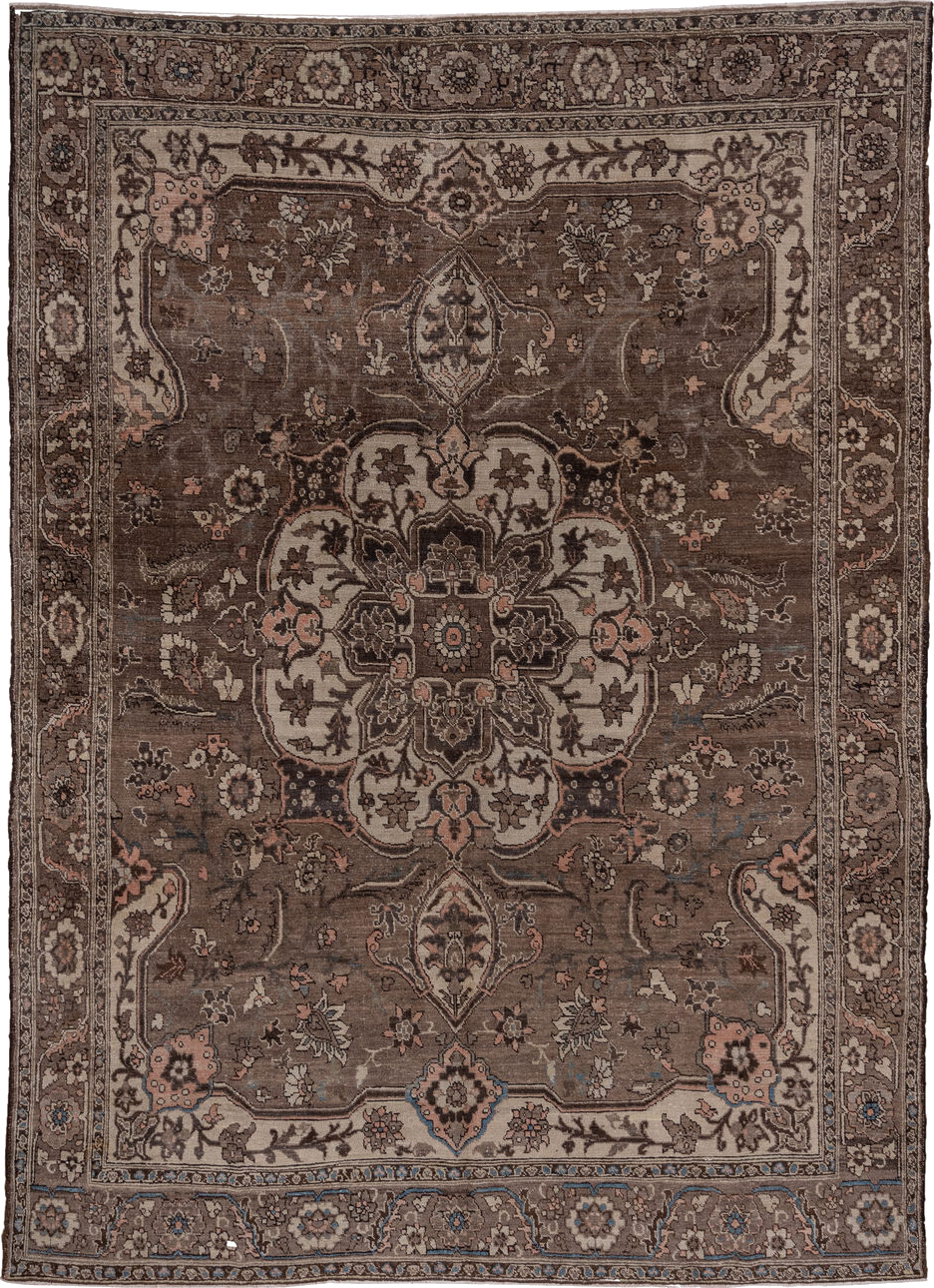 9' x 12' one-of-a-kind handmade vintage Heriz large size rug. Color palette: blue, brown, gray, light gray, off-white, pink