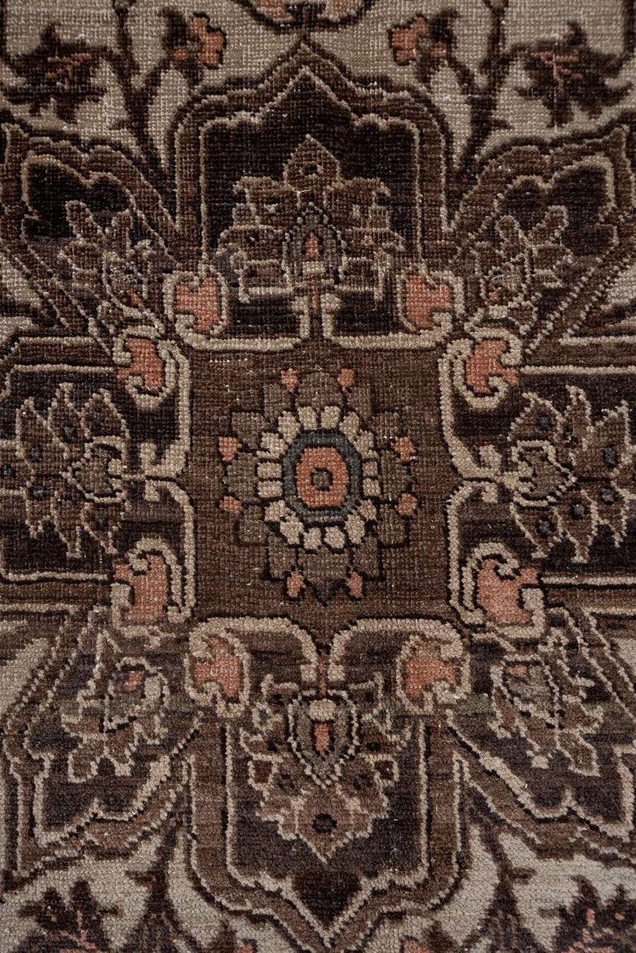 9' x 12' one-of-a-kind handmade antique Heriz large size rug. Color palette: taupe, brown, ivory, charcoal, rose, slate