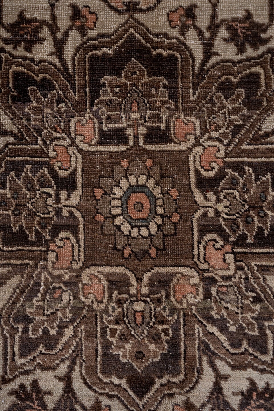 9' x 12' one-of-a-kind handmade antique Heriz large size rug. Color palette: taupe, brown, ivory, charcoal, rose, slate