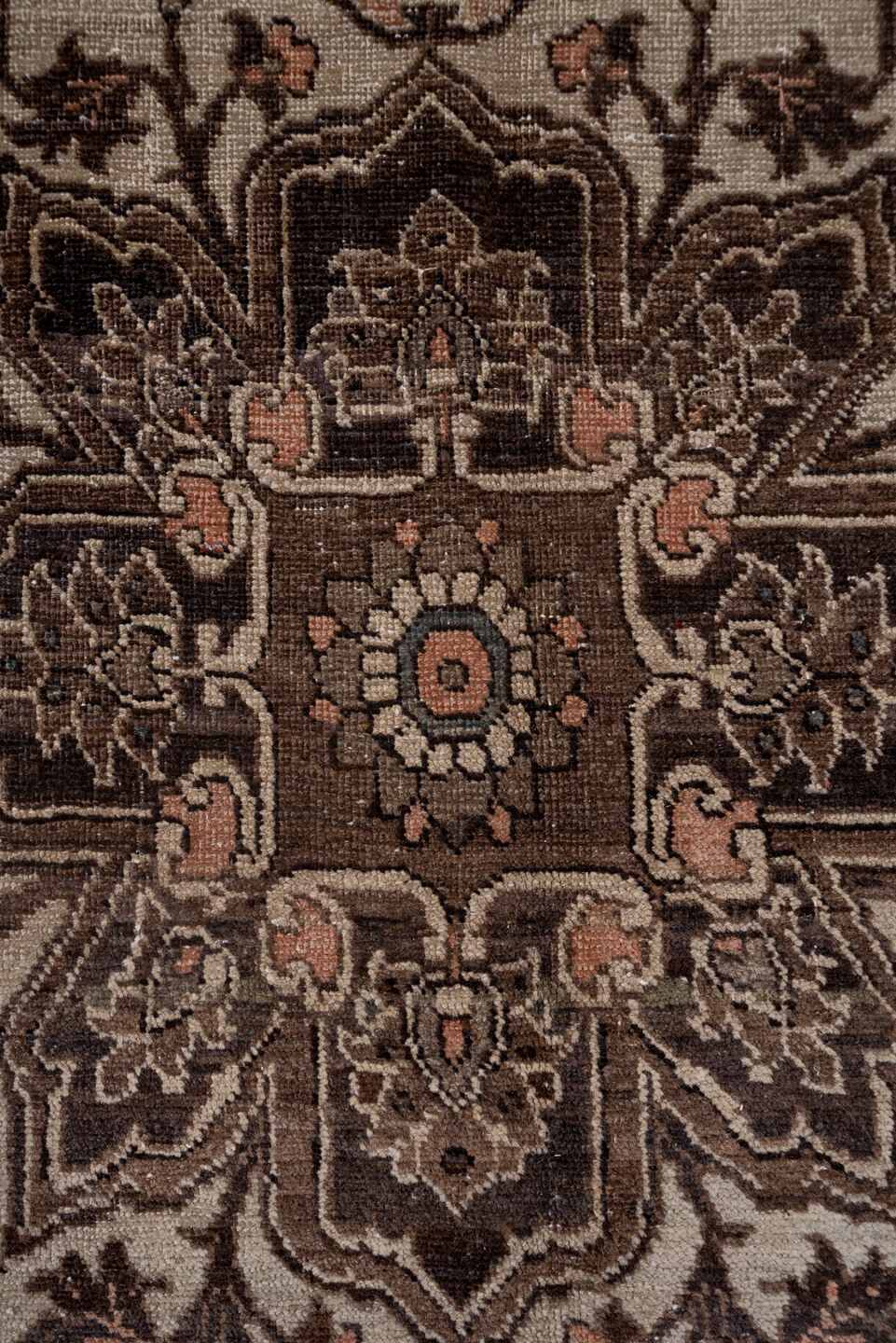 9' x 12' one-of-a-kind handmade vintage Heriz large size rug. Color palette: blue, brown, gray, light gray, off-white, pink