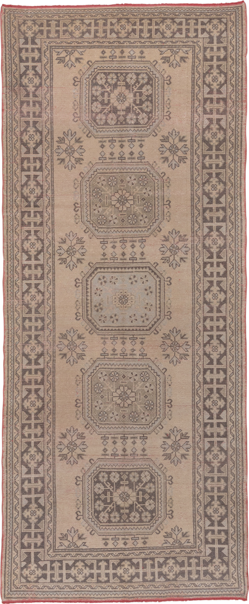 4' x 11' one-of-a-kind handmade antique Oushak runner rug. Color palette: taupe, ivory, rose, charcoal, beige, gray, pink