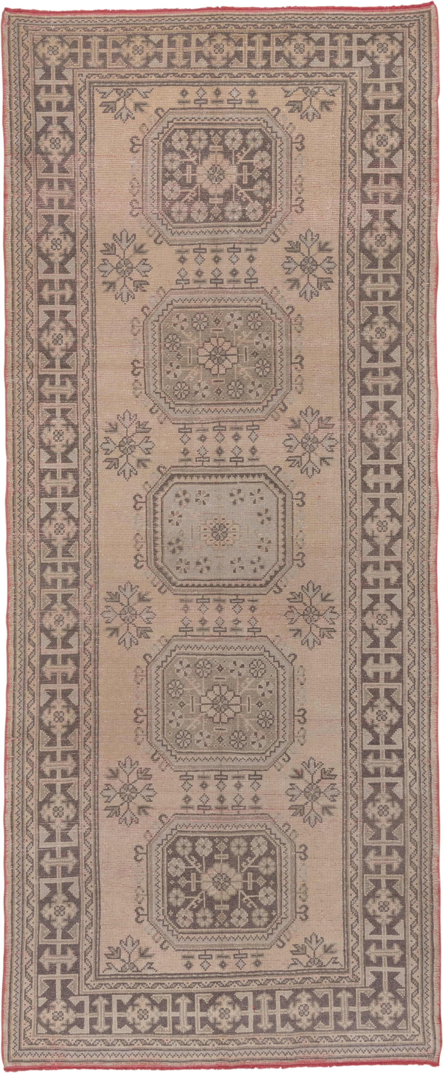 4' x 11' one-of-a-kind handmade antique Oushak runner rug. Color palette: taupe, ivory, rose, charcoal, beige, gray, pink