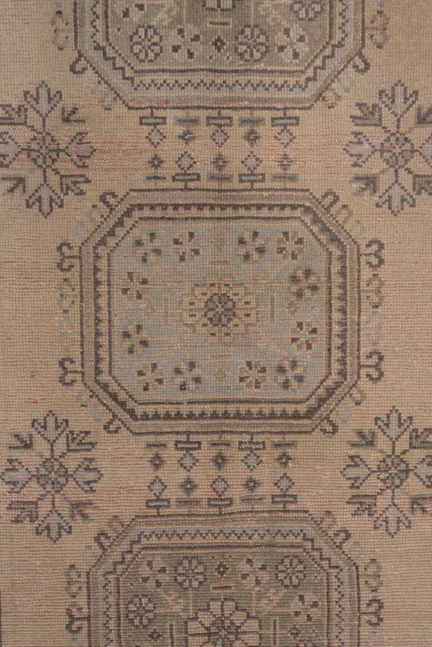 4' x 11' one-of-a-kind handmade antique Oushak runner rug. Color palette: taupe, ivory, rose, charcoal, beige, gray, pink