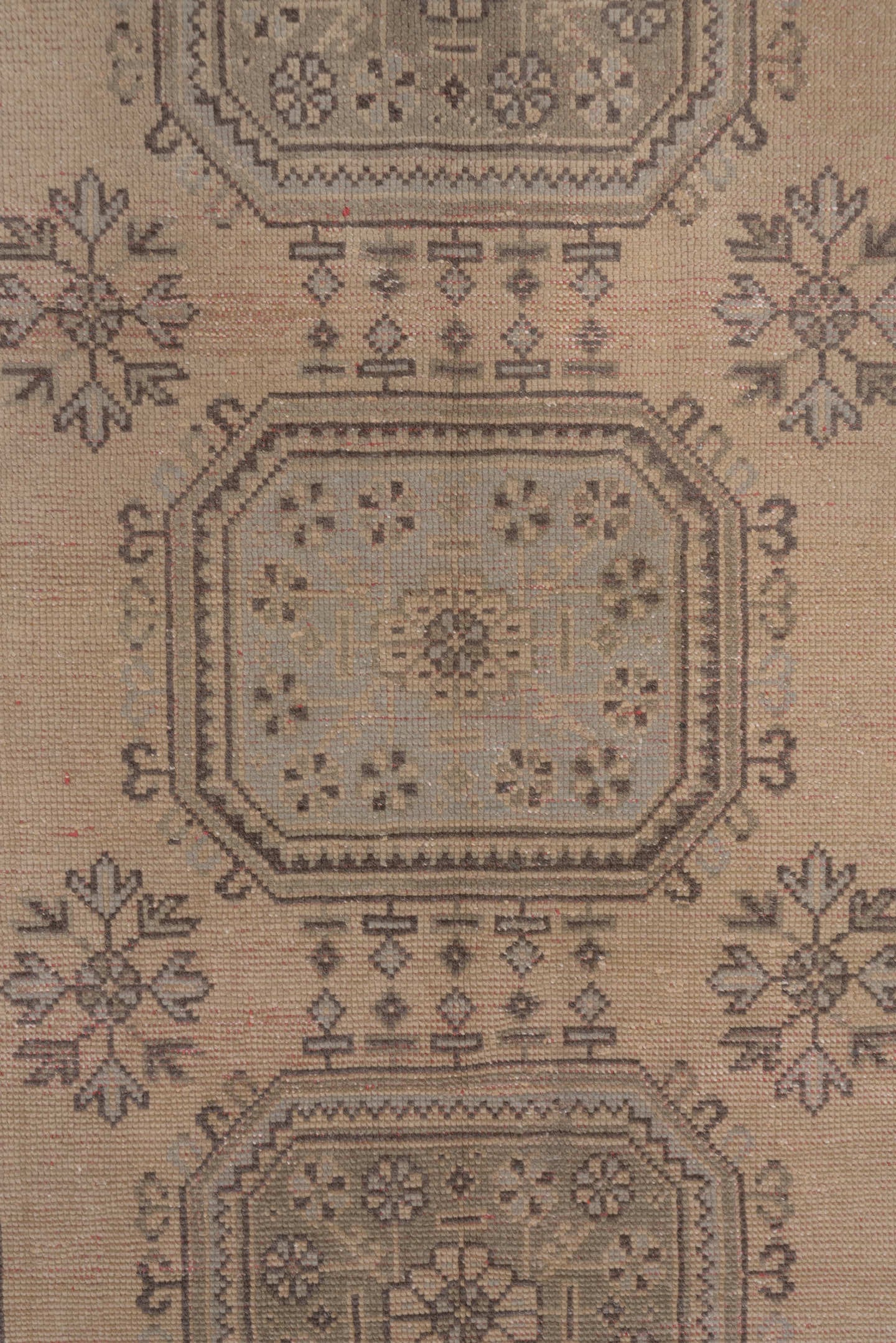 4' x 11' one-of-a-kind handmade antique Oushak runner rug. Color palette: taupe, ivory, rose, charcoal, beige, gray, pink