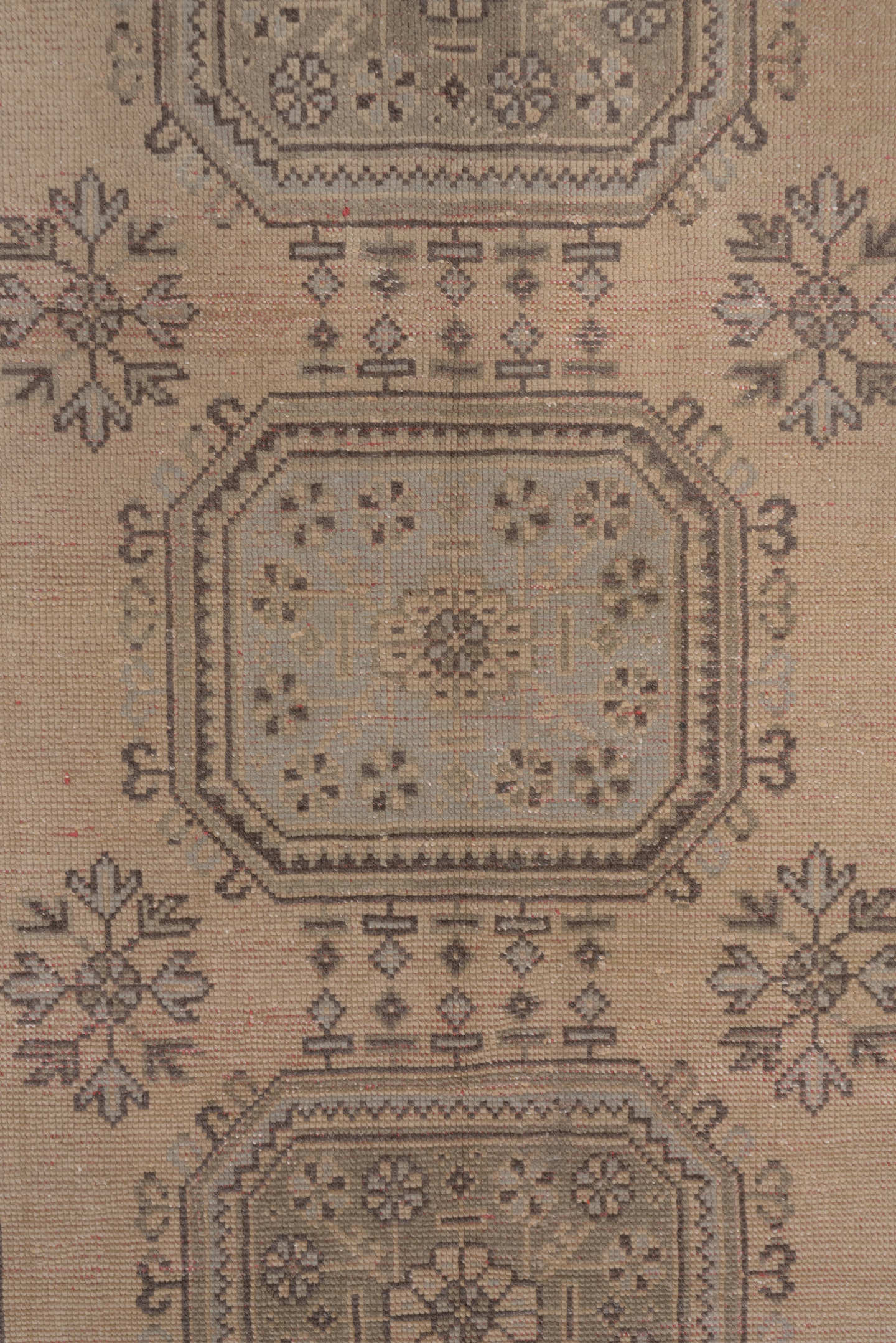 4' x 11' one-of-a-kind handmade antique Oushak runner rug. Color palette: taupe, ivory, rose, charcoal, beige, gray, pink