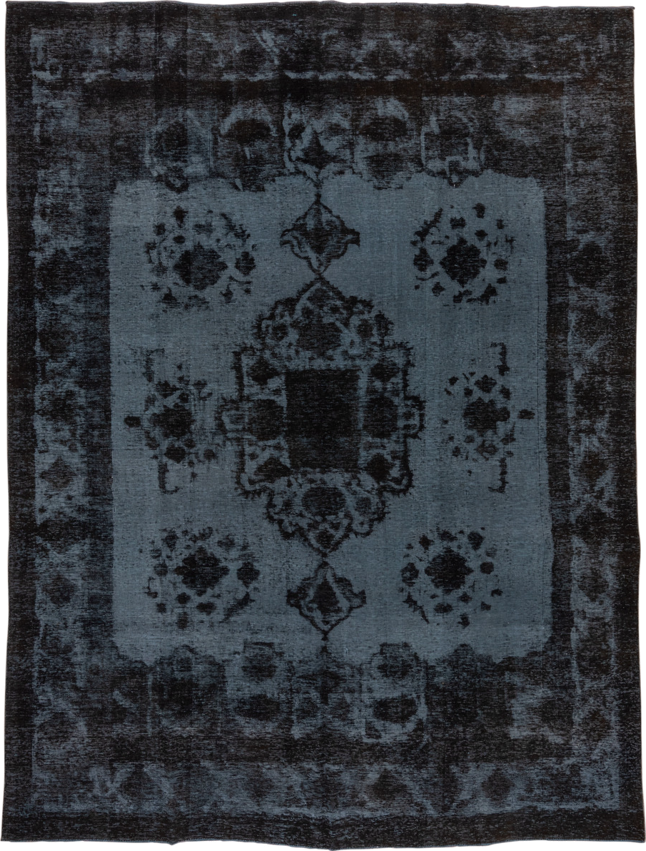 9' x 12' one-of-a-kind handmade antique Overdyed large size rug. Color palette: charcoal, slate, blue, ebony, gray, black