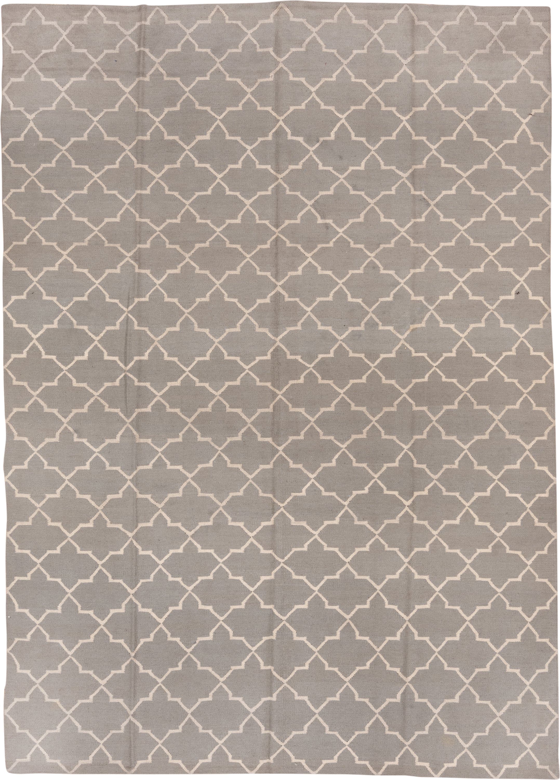 9' x 13' one-of-a-kind handmade vintage Kilim large size rug. Color palette: gray, ivory