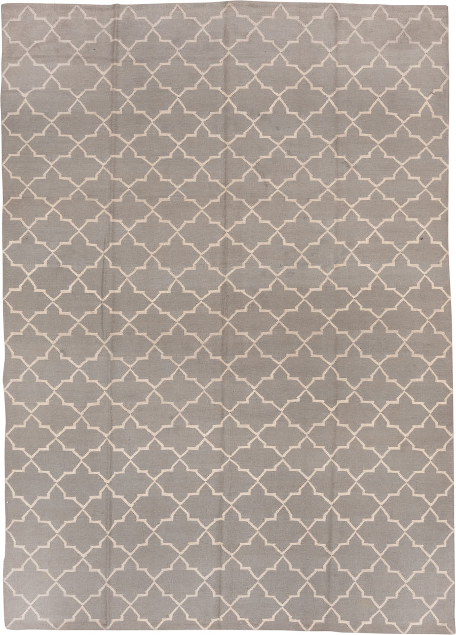9' x 13' one-of-a-kind handmade vintage Kilim large size rug. Color palette: gray, ivory