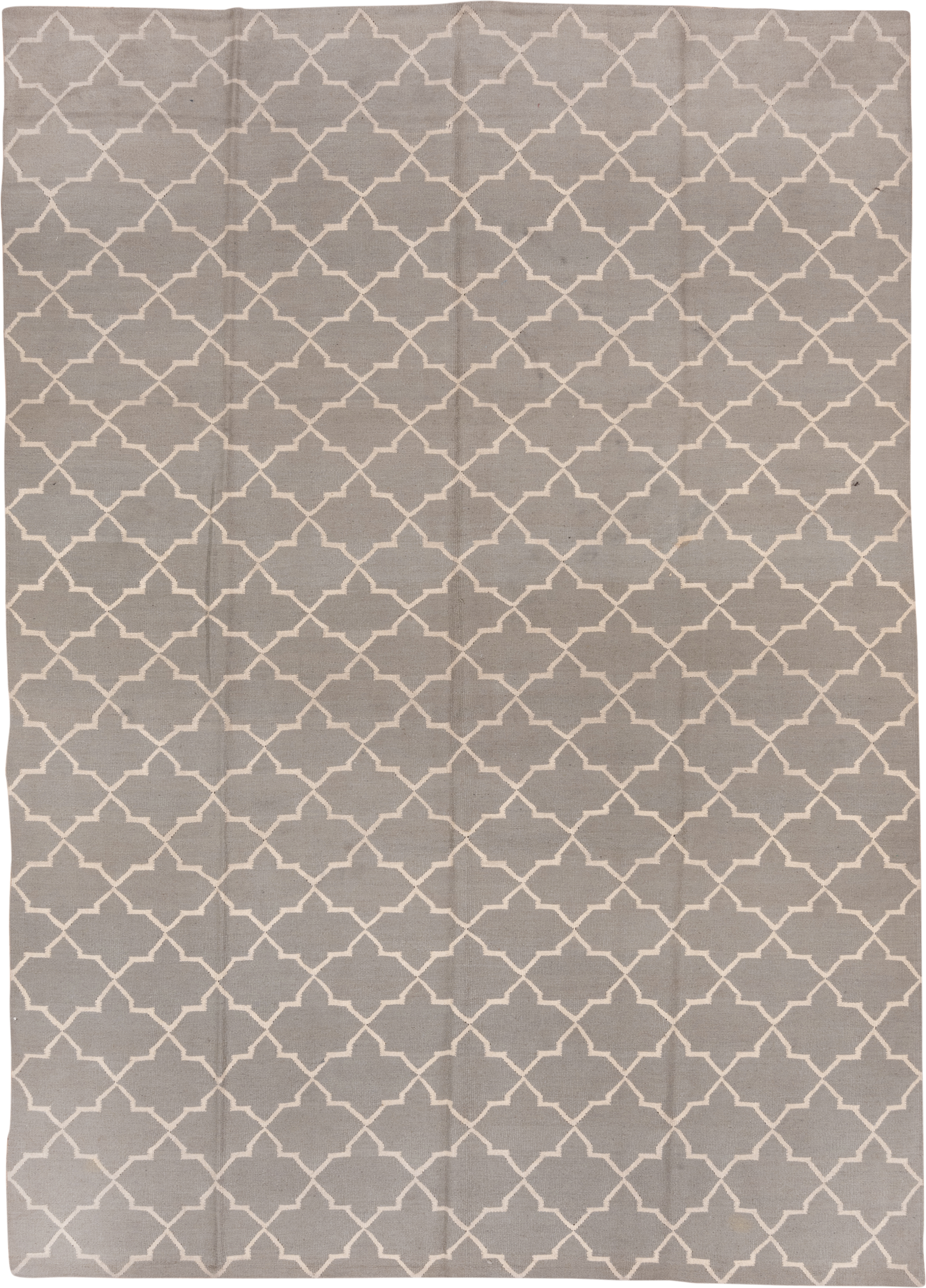 9' x 13' one-of-a-kind handmade vintage Kilim large size rug. Color palette: gray, ivory