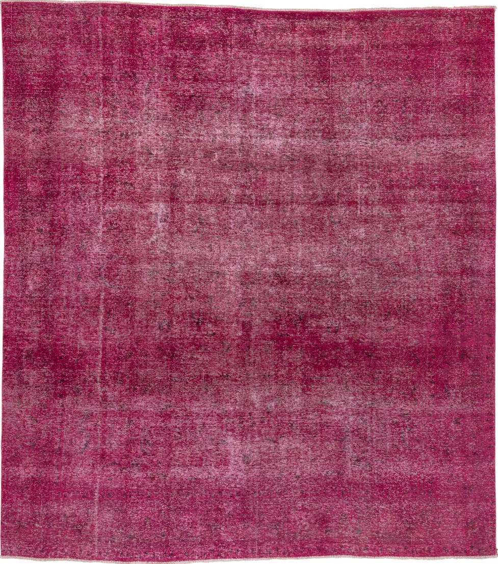 9' x 10' one-of-a-kind handmade vintage Overdyed large size rug. Color palette: brown, off-white, pink, red, snow, white