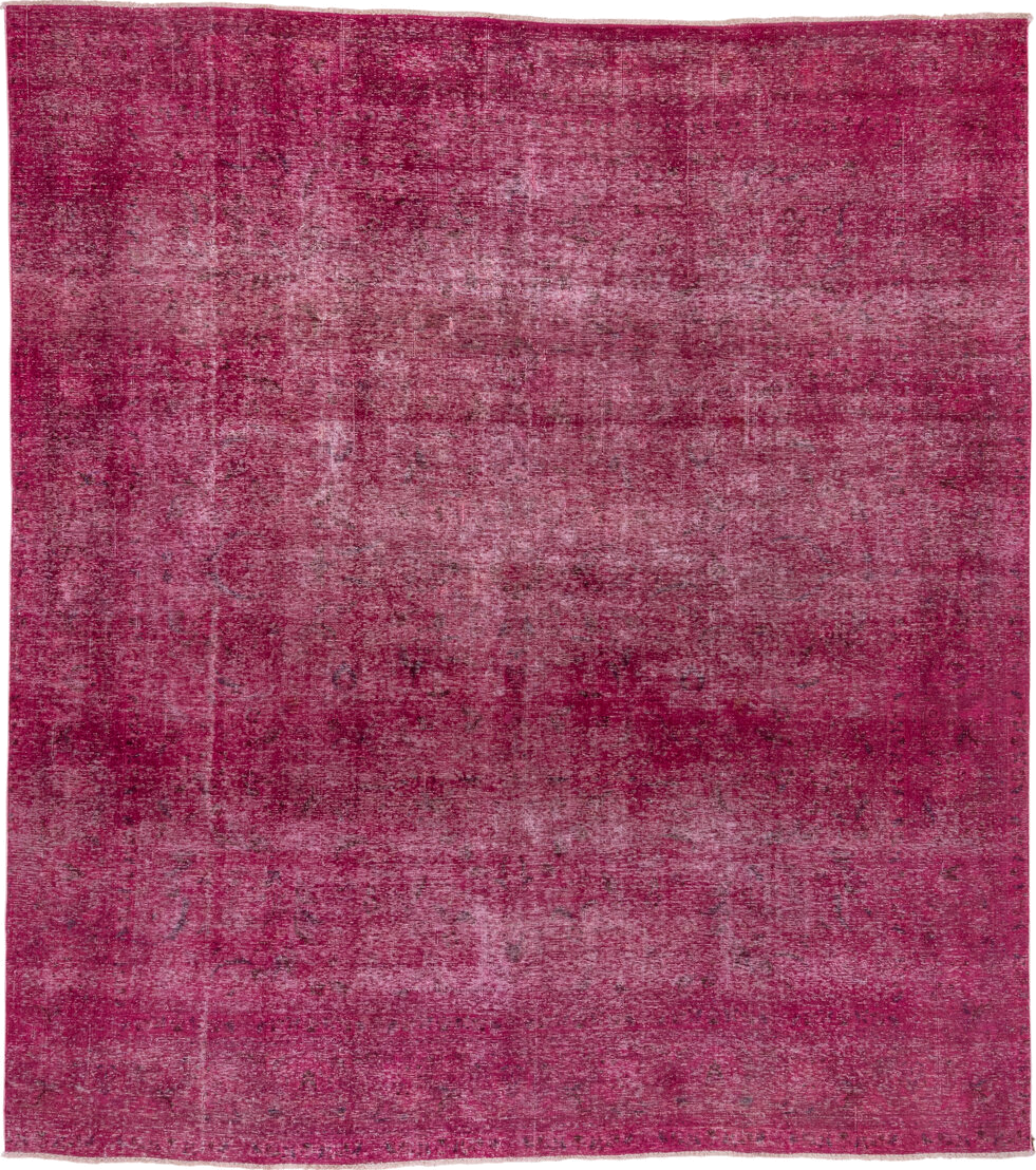 9' x 10' one-of-a-kind handmade vintage Overdyed large size rug. Color palette: brown, off-white, pink, red, snow, white