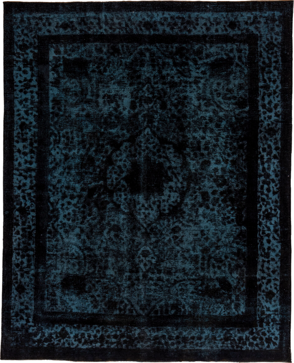 9' x 12' one-of-a-kind handmade vintage Overdyed large size rug. Color palette: arapawa, black, blue, gray