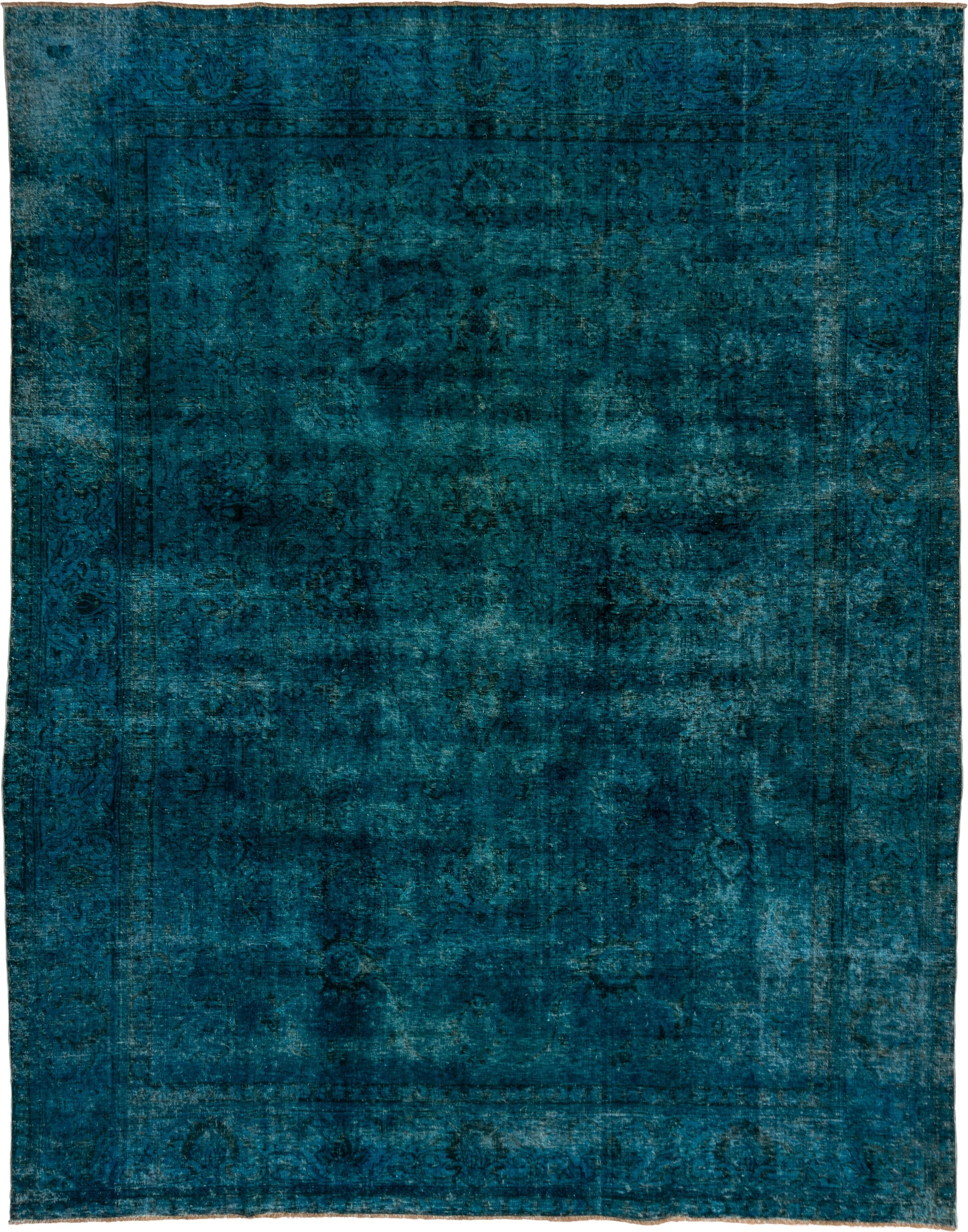 10' x 12' one-of-a-kind handmade vintage Overdyed large size rug. Color palette: teal, peacock, charcoal, slate, aqua, gray